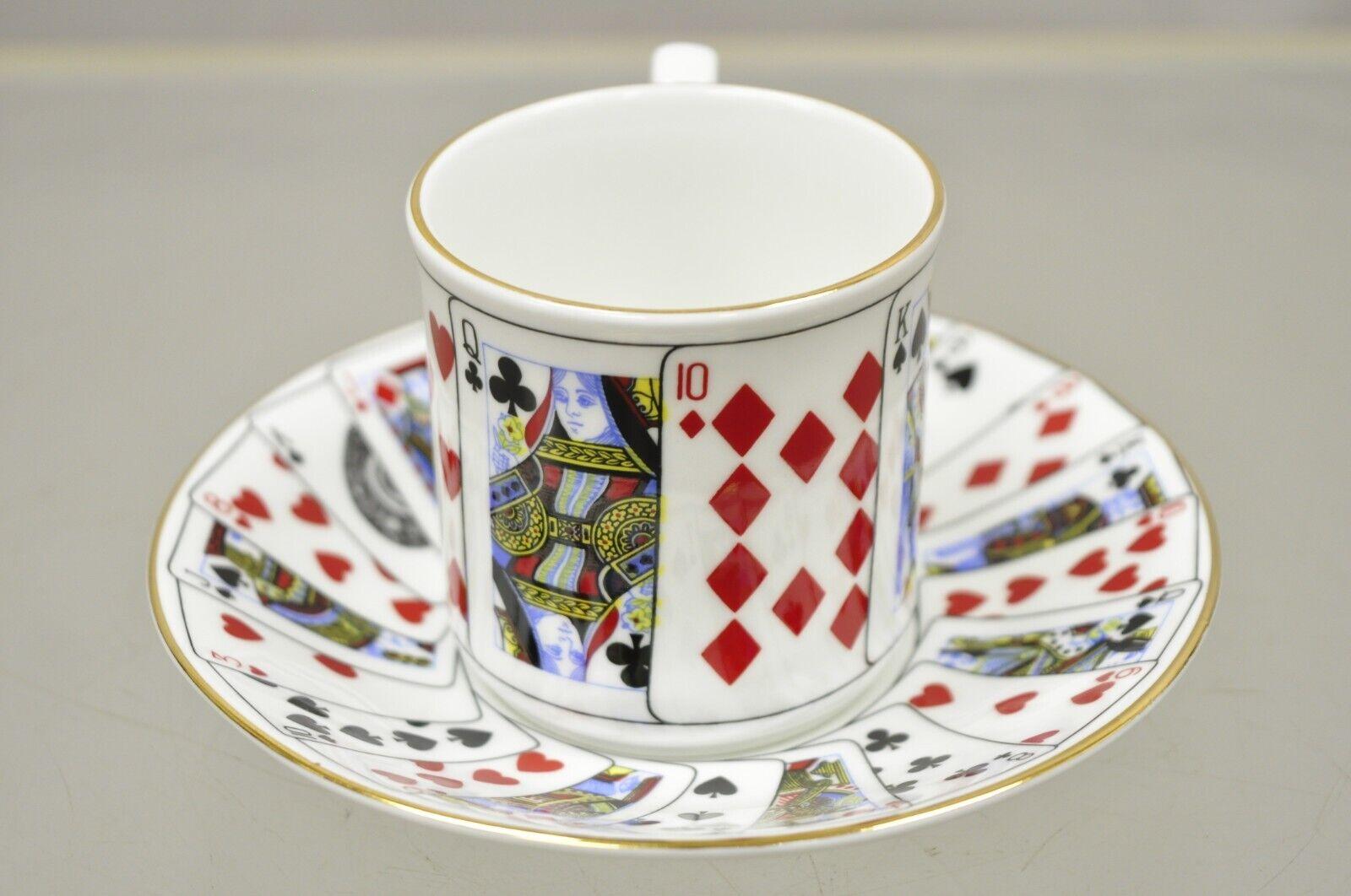 Tiffany & Co Staffordshire playing cards demitasse tea cup & saucer - Set of 4. Item features gold rim, playing card design, (4) cups, (4) saucers, original stamp, very nice vintage set. Circa Mid to late 20th century.
Measurements: 
Cup: 2.5