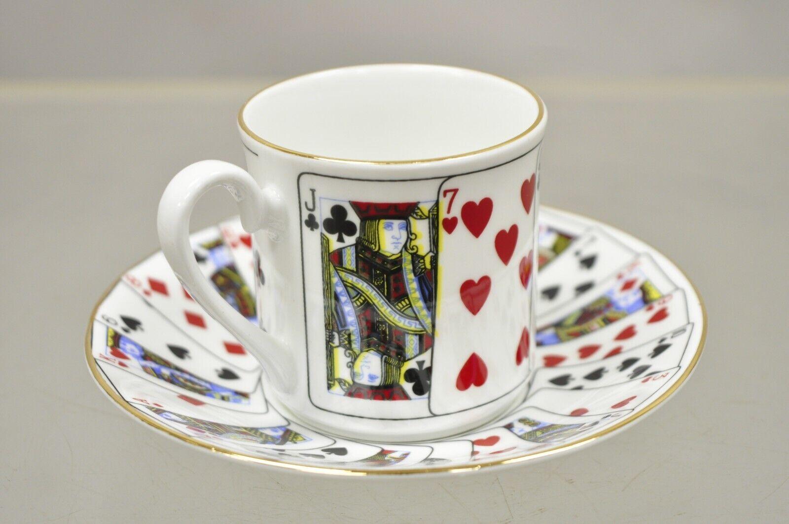 Modern Tiffany & Co Staffordshire Playing Cards Demitasse Tea Cup & Saucer, Set of 4