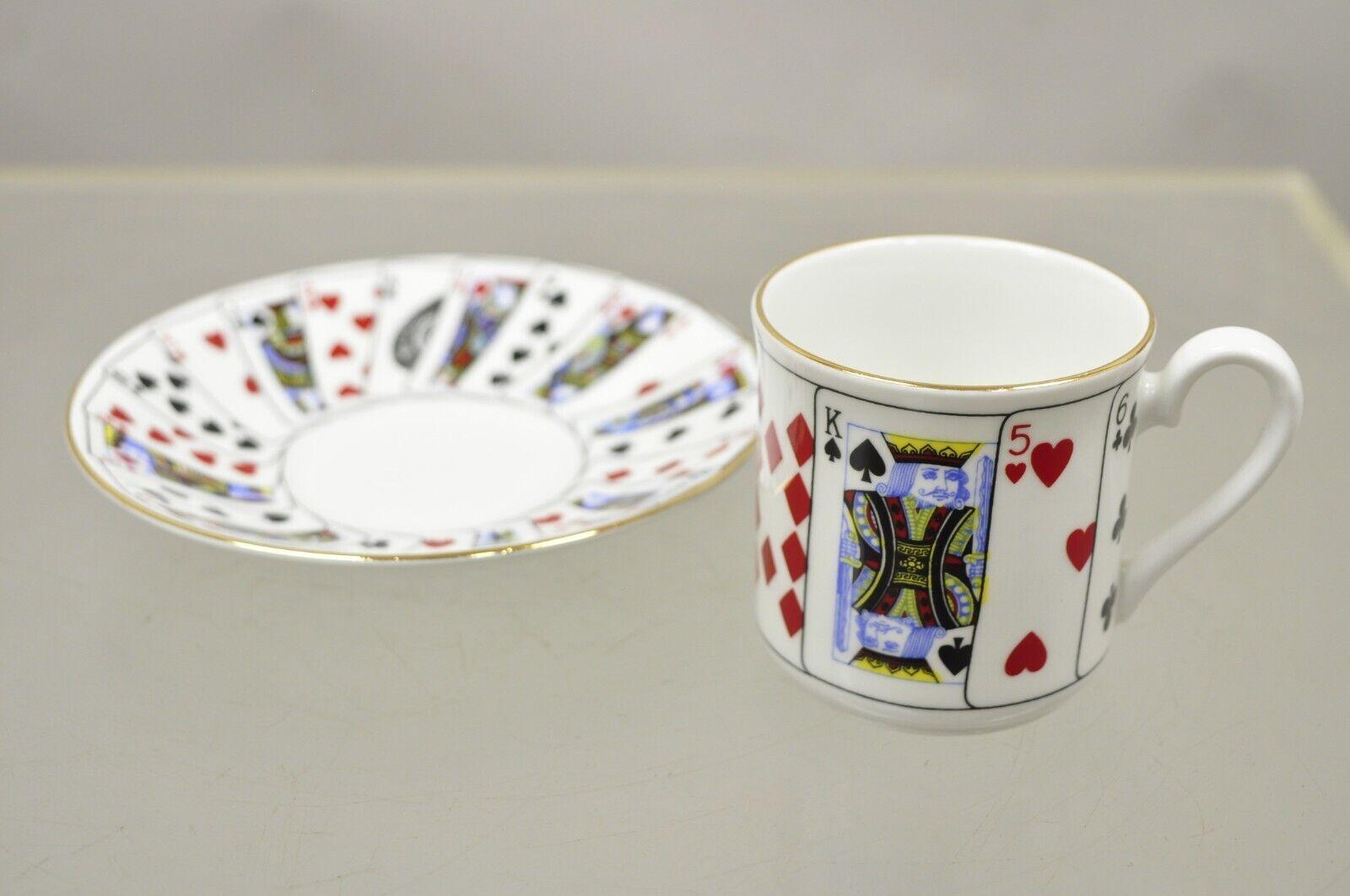 European Tiffany & Co Staffordshire Playing Cards Demitasse Tea Cup & Saucer, Set of 4