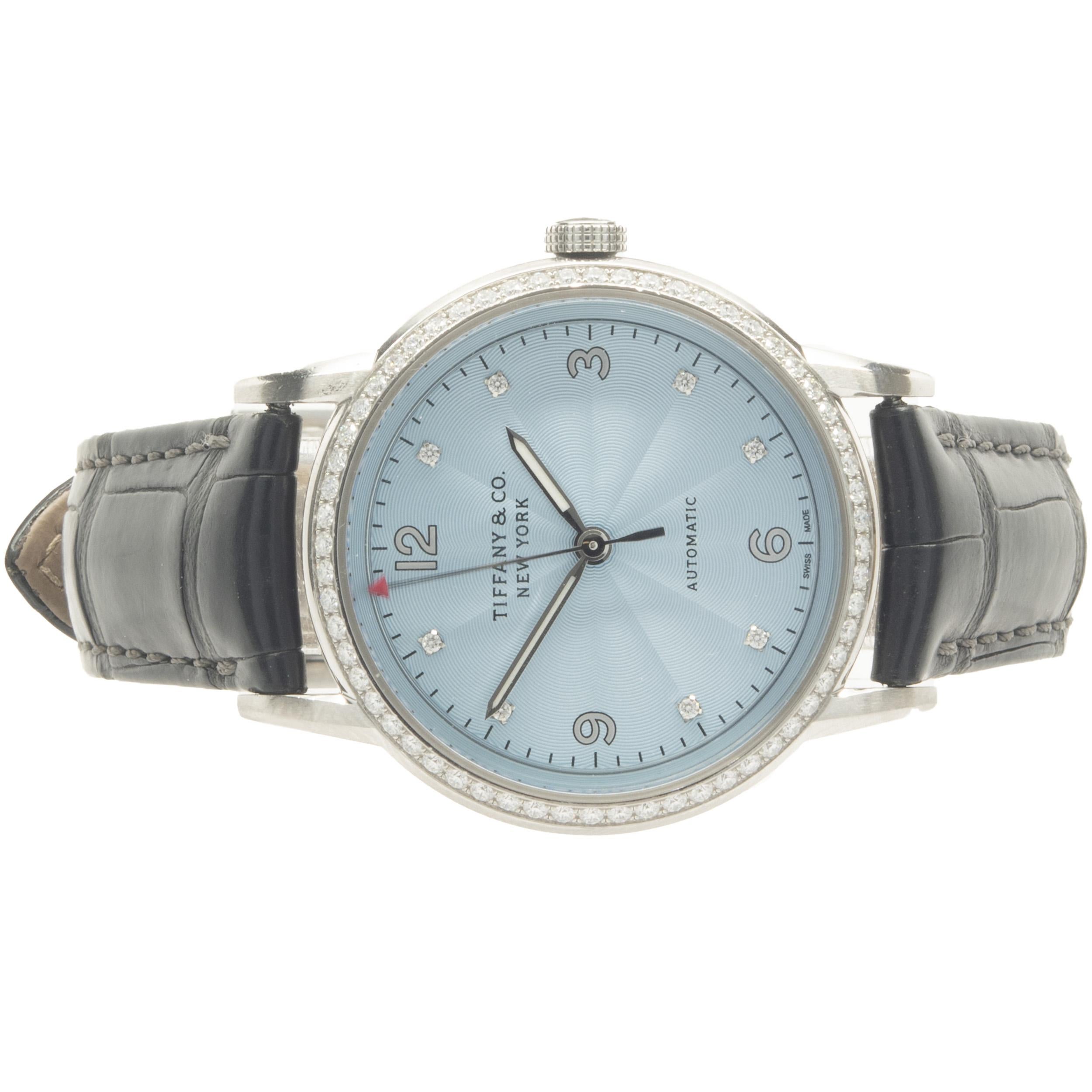 Movement: automatic
Function: hours, minutes, seconds
Case: 34mm round stainless steel case, sapphire crystal, push/pull crown, diamond bezel
Band: blue leather strap, integrated clasp
Dial: blue sunburst, diamond numerals
Serial#: