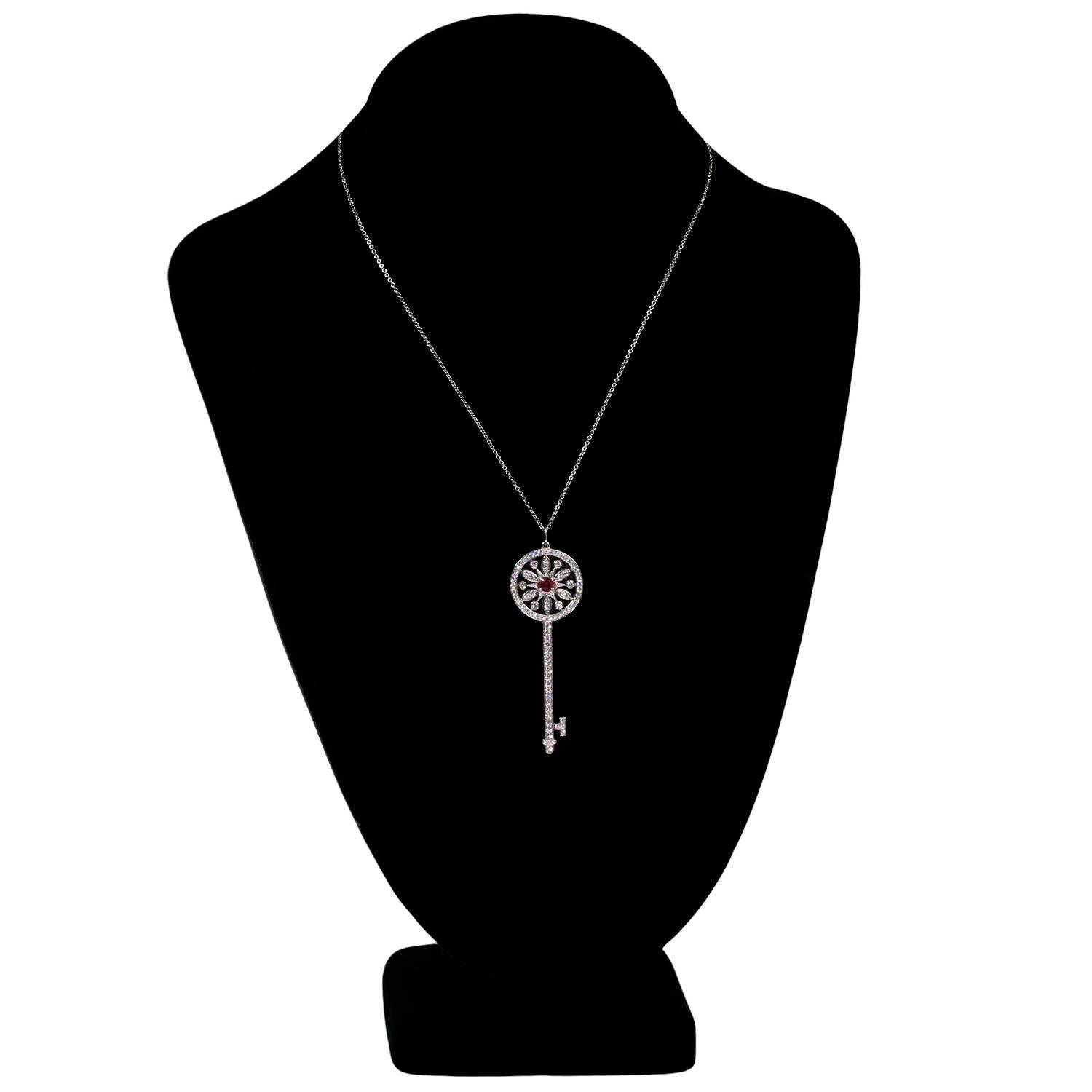 Brilliant Cut TIFFANY & CO. Star Key Diamond Ruby Platinum Large Pendant Necklace For Sale