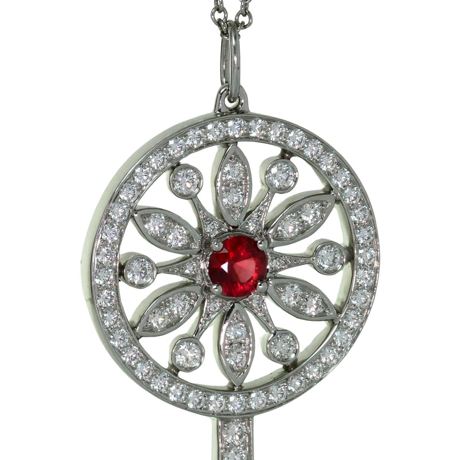Women's TIFFANY & CO. Star Key Diamond Ruby Platinum Large Pendant Necklace For Sale