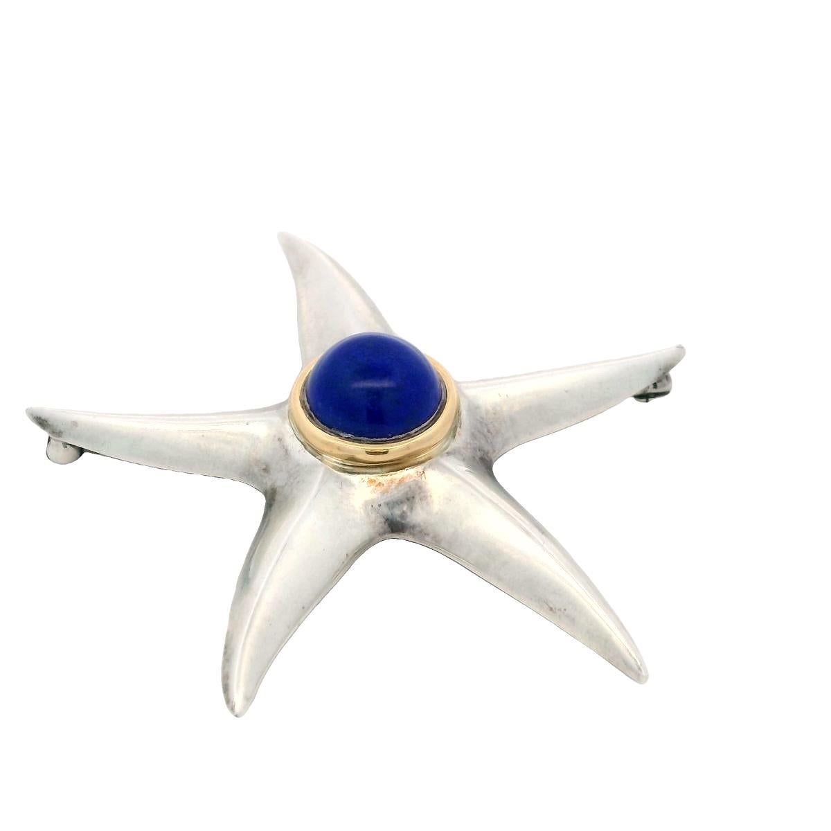 Tiffany & Co. Lapis Lazuli Starfish Brooch in 18K and Sterling Silver

This brooch by Tiffany & Co. features a modern starfish design, with careful attention to detail throughout. At its center is a deep blue lapis lazuli, cut in a smooth cabochon