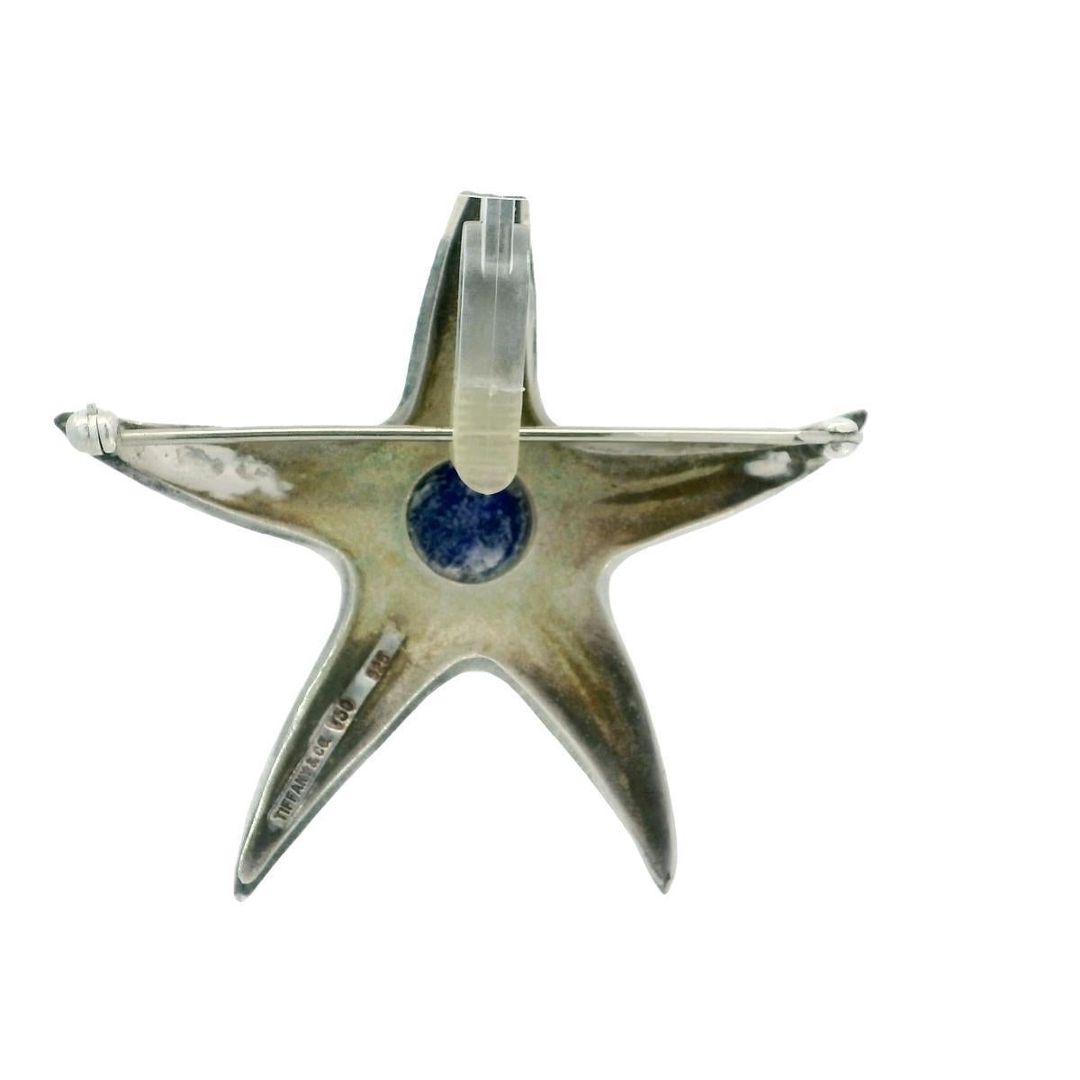 Cabochon Tiffany & Co. Starfish Brooch 18K and Sterling Silver With Lapis Center For Sale