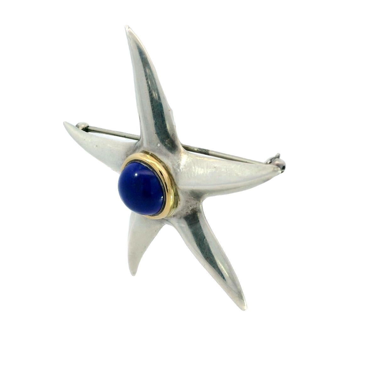 Tiffany & Co. Starfish Brooch 18K and Sterling Silver With Lapis Center For Sale 1
