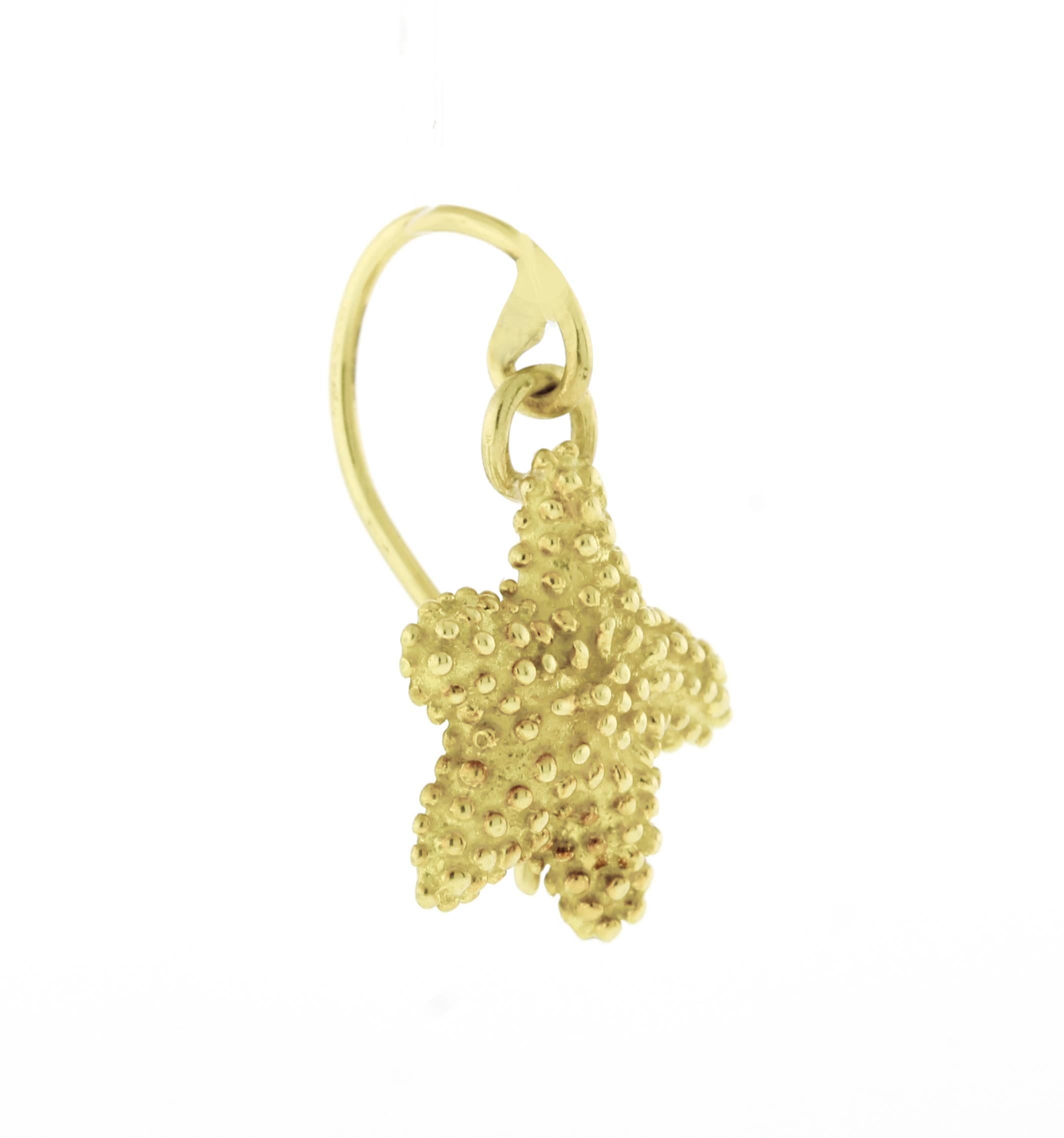From Tiffany &  Co, a pair of textured  starfish drop gold earrings
♦ Designer: Tiffany & Co. 
♦ Metal: 18 karat
♦ Circa 1980s
♦ ½ across 
♦ 5.3 grams
♦ Packaging: Tiffany pouch
♦ Condition: Excellent , pre-owned
♦ Price: Based on the market, prices