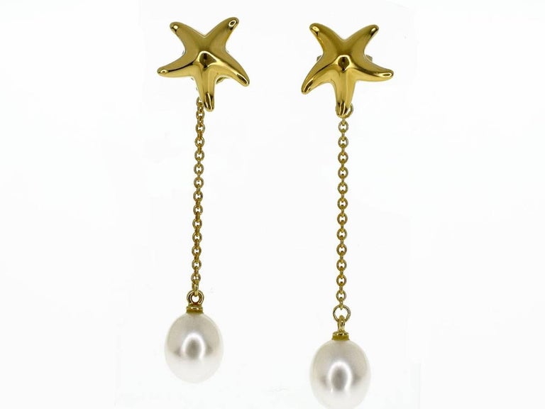Tiffany and Co. Starfish Motif Pearl Pierced Earrings 18 Karat Yellow
