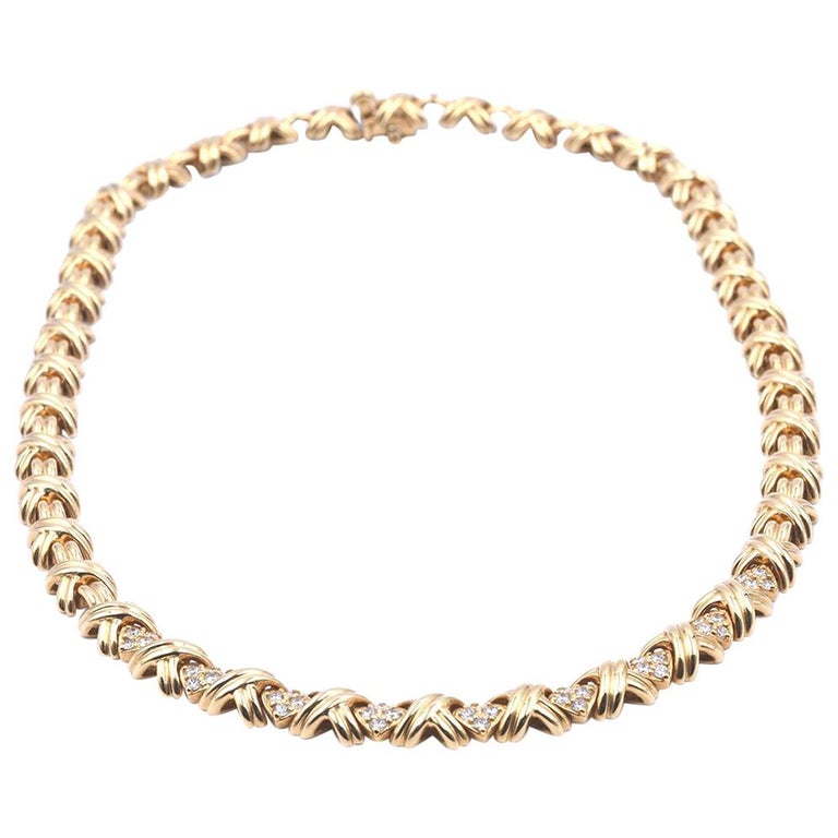 Tiffany and Co. Sterling 18 Karat Yellow Gold Diamond “X” Necklace For ...