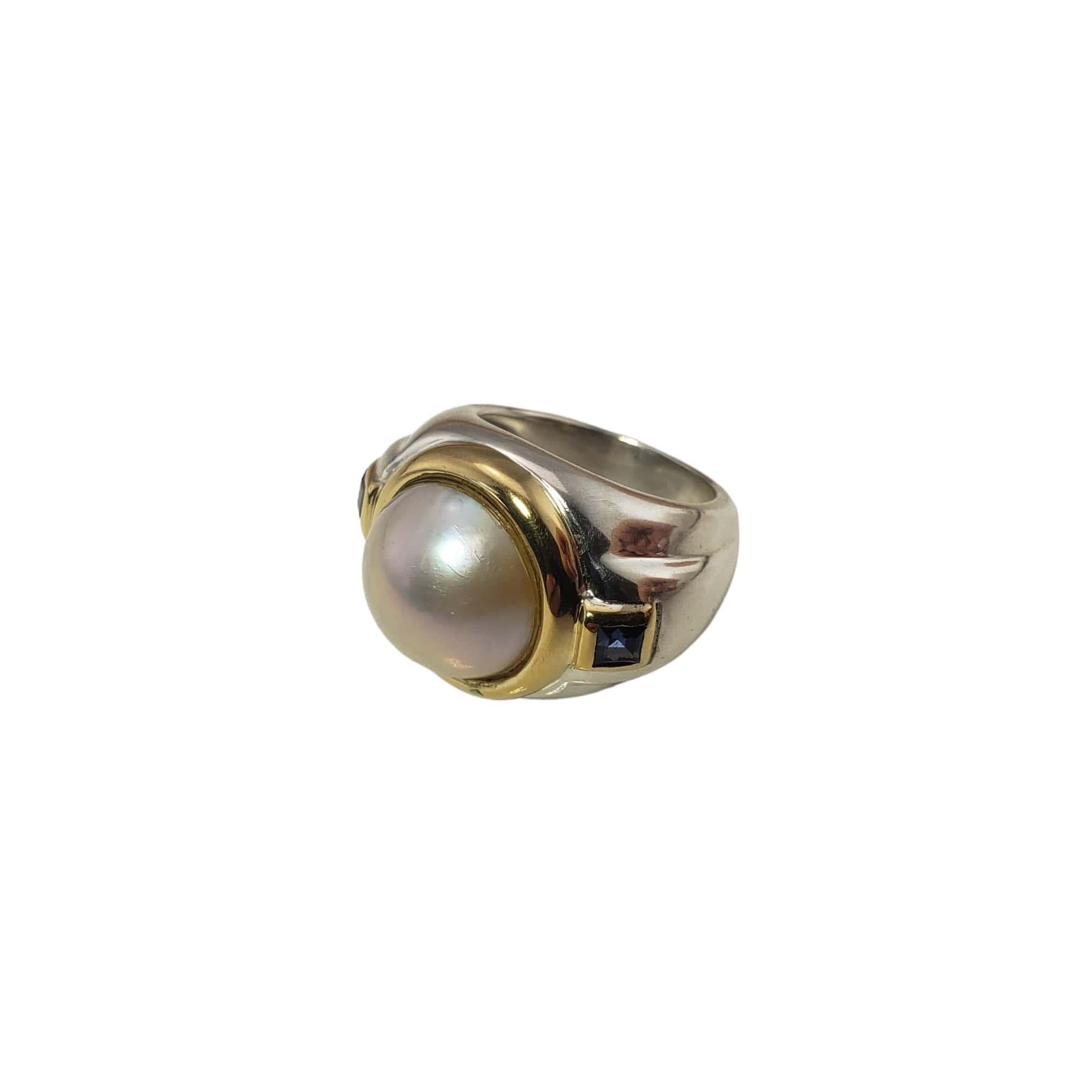 Round Cut Tiffany & Co. Sterling 18 Karat Yellow Gold Mabe Pearl and Sapphire Ring