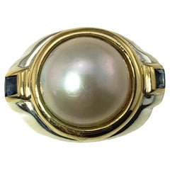 Tiffany & Co. Sterling 18 Karat Yellow Gold Mabe Pearl and Sapphire Ring