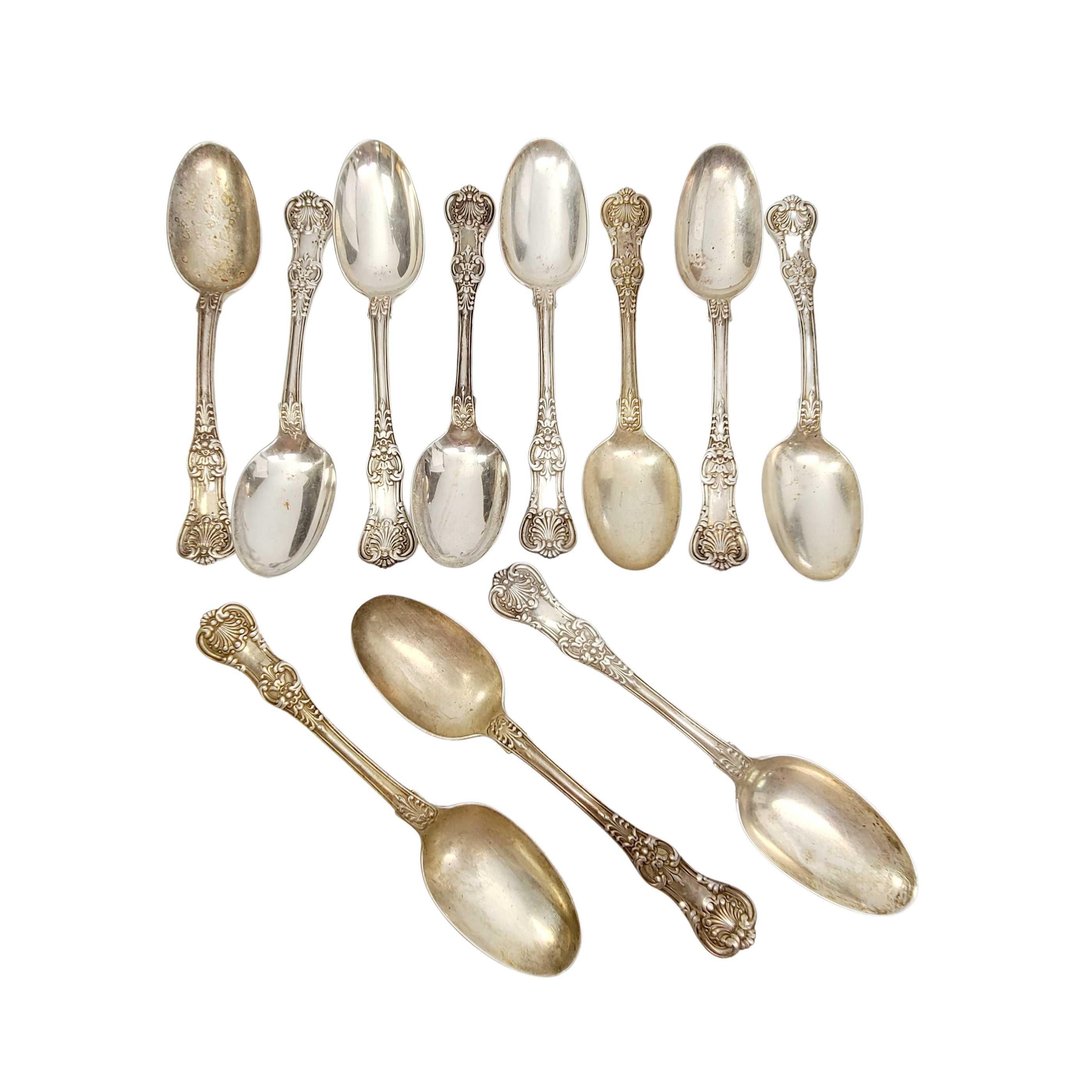 Set of 11 antique sterling silver dessert/oval soup spoons by Tiffany & Co in the English King pattern.

No monogram.

Beautiful spoons in Tiffany's intricate and decorative version of a King pattern which were very popular in the late 19th century.