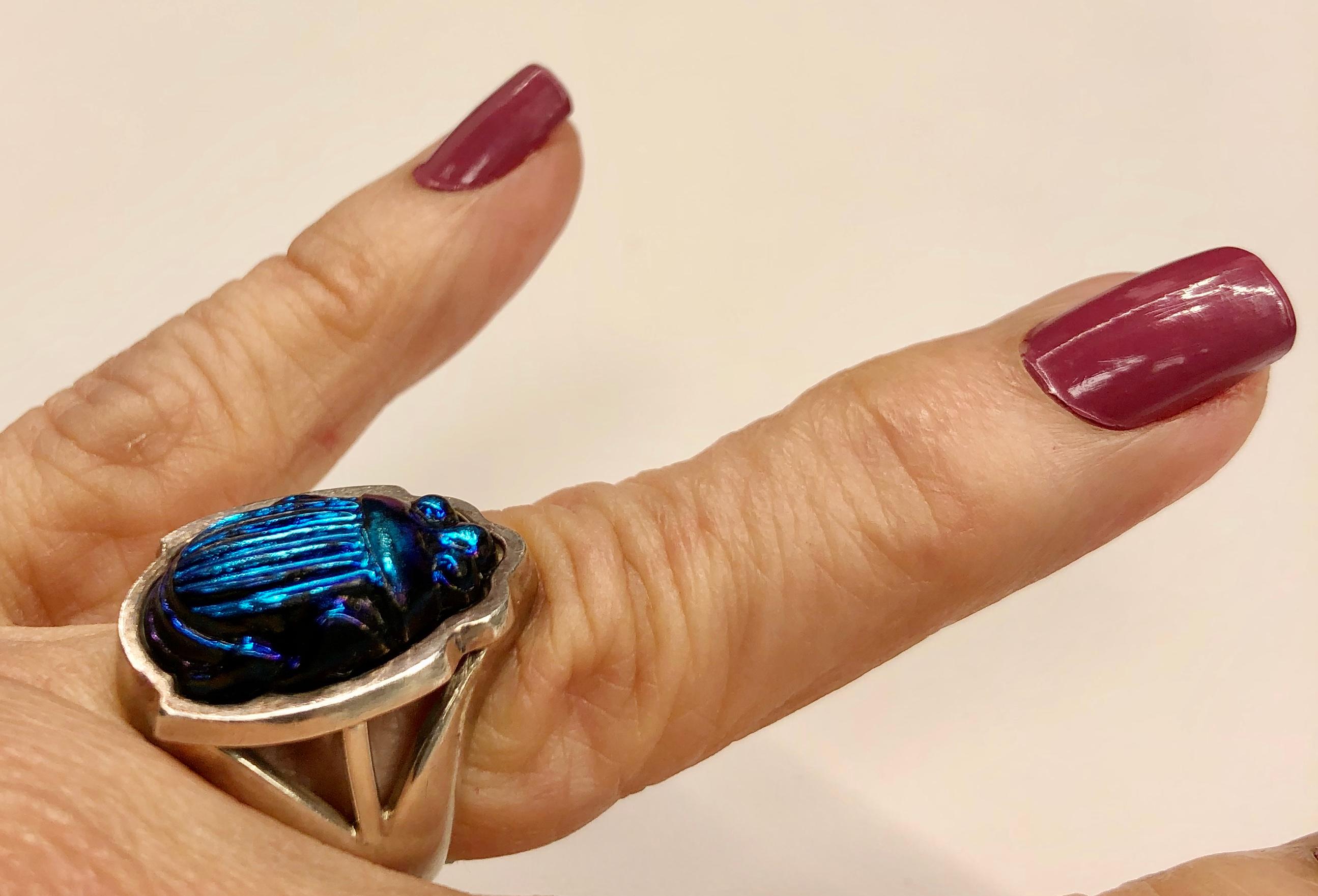 Tiffany & Co. Sterling Favrile Glass Scarab Ring In Good Condition In Houston, TX