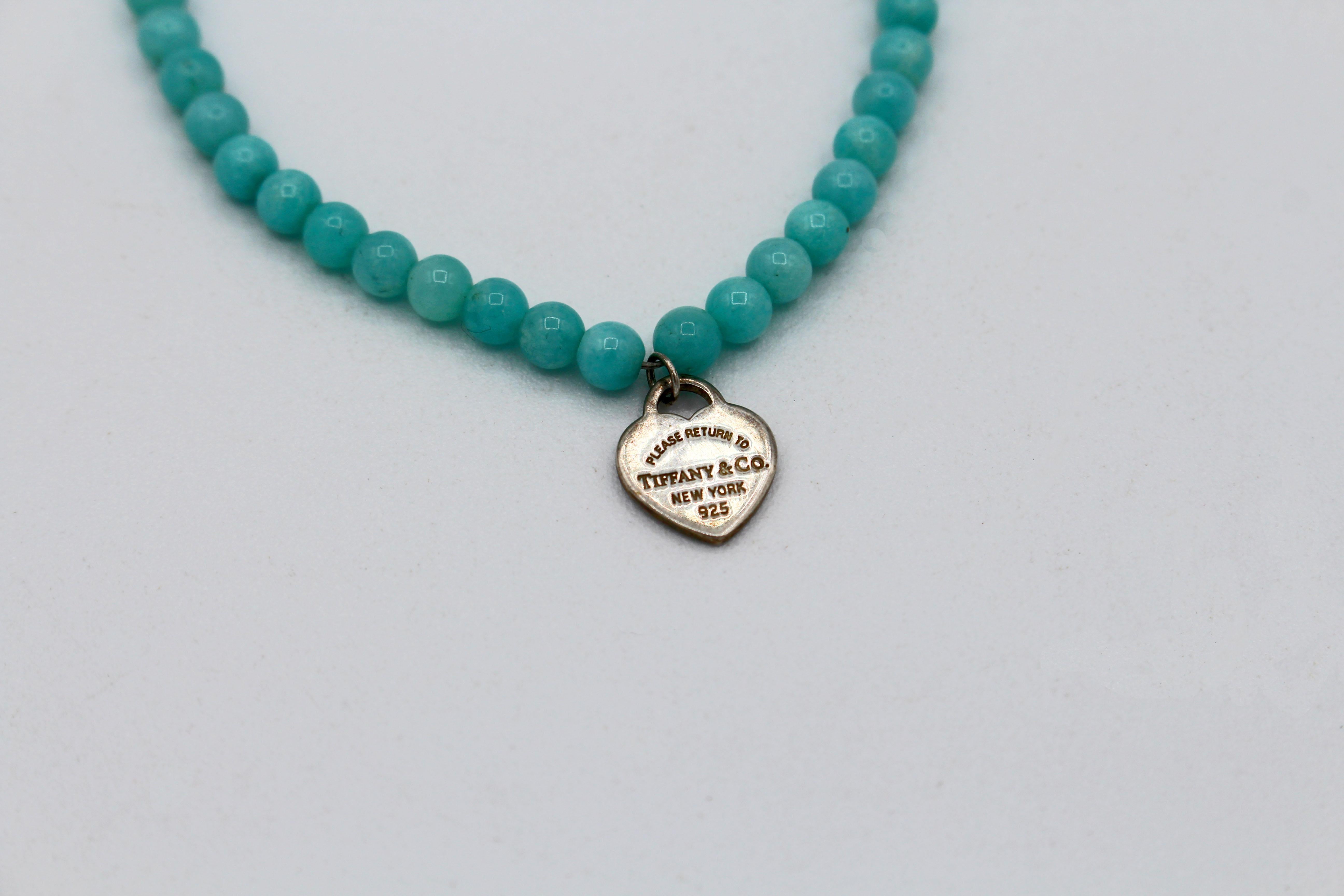 A Tiffany & Co. sterling heart tag & Amazonite bracelet with sterling clasp. First introduced in 1969. 7.5