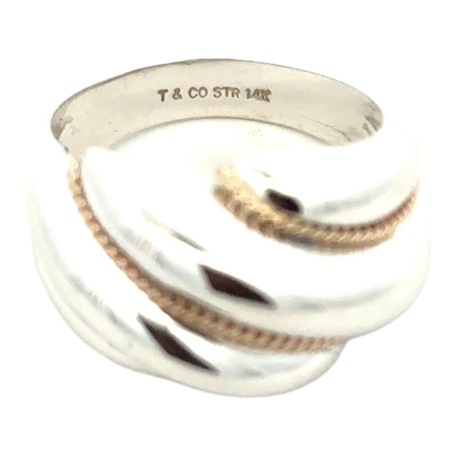 Modern Tiffany & Co. Sterling Silver 14 Karat Yellow Gold Wavy Shrimp Estate Ring For Sale