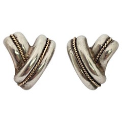 Vintage Tiffany & Co Sterling Silver 14K Gold Rope Accent Crossover Earrings #21788