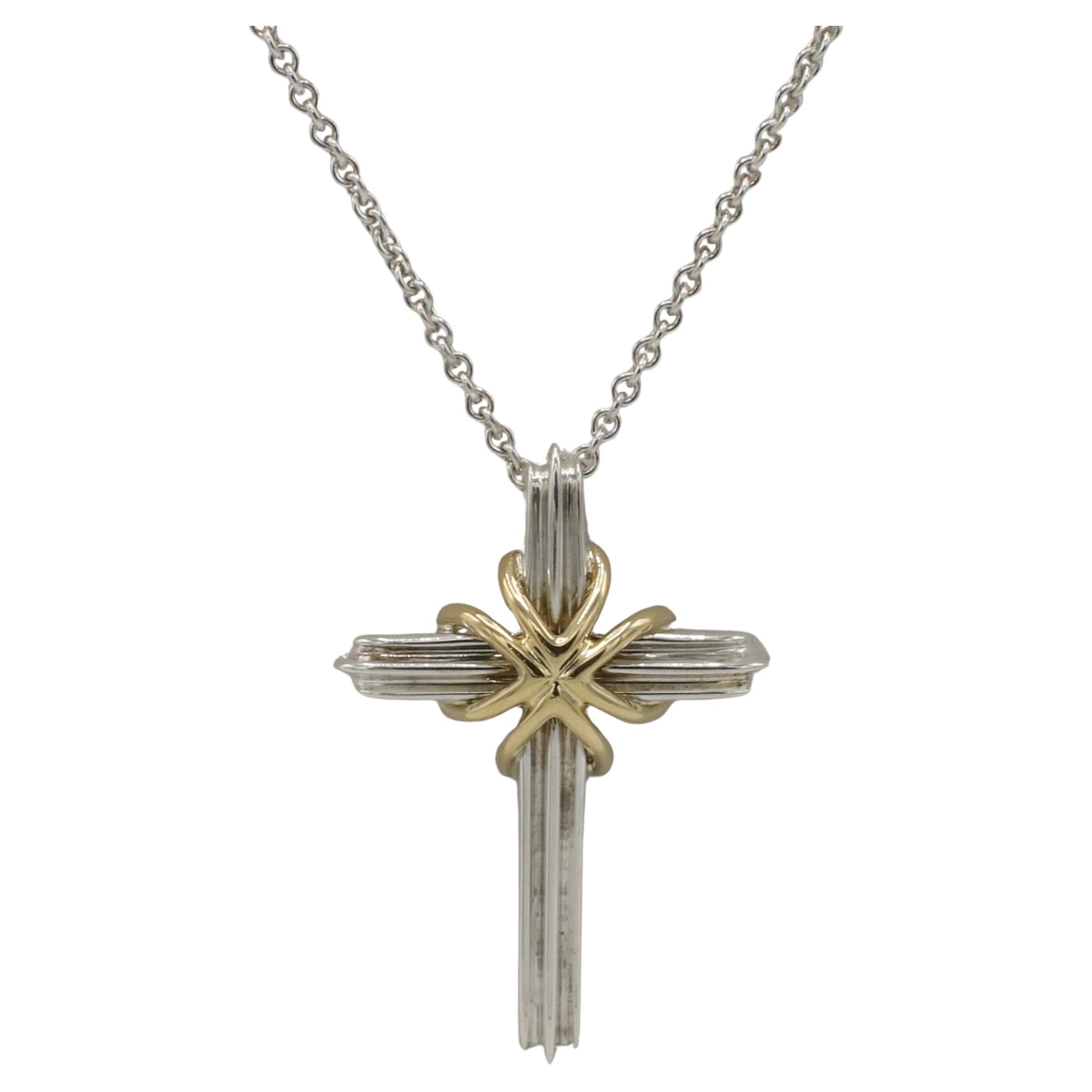 Tiffany & Co. Sterling Silver 18 Karat Yellow Gold Cross Pendant Necklace