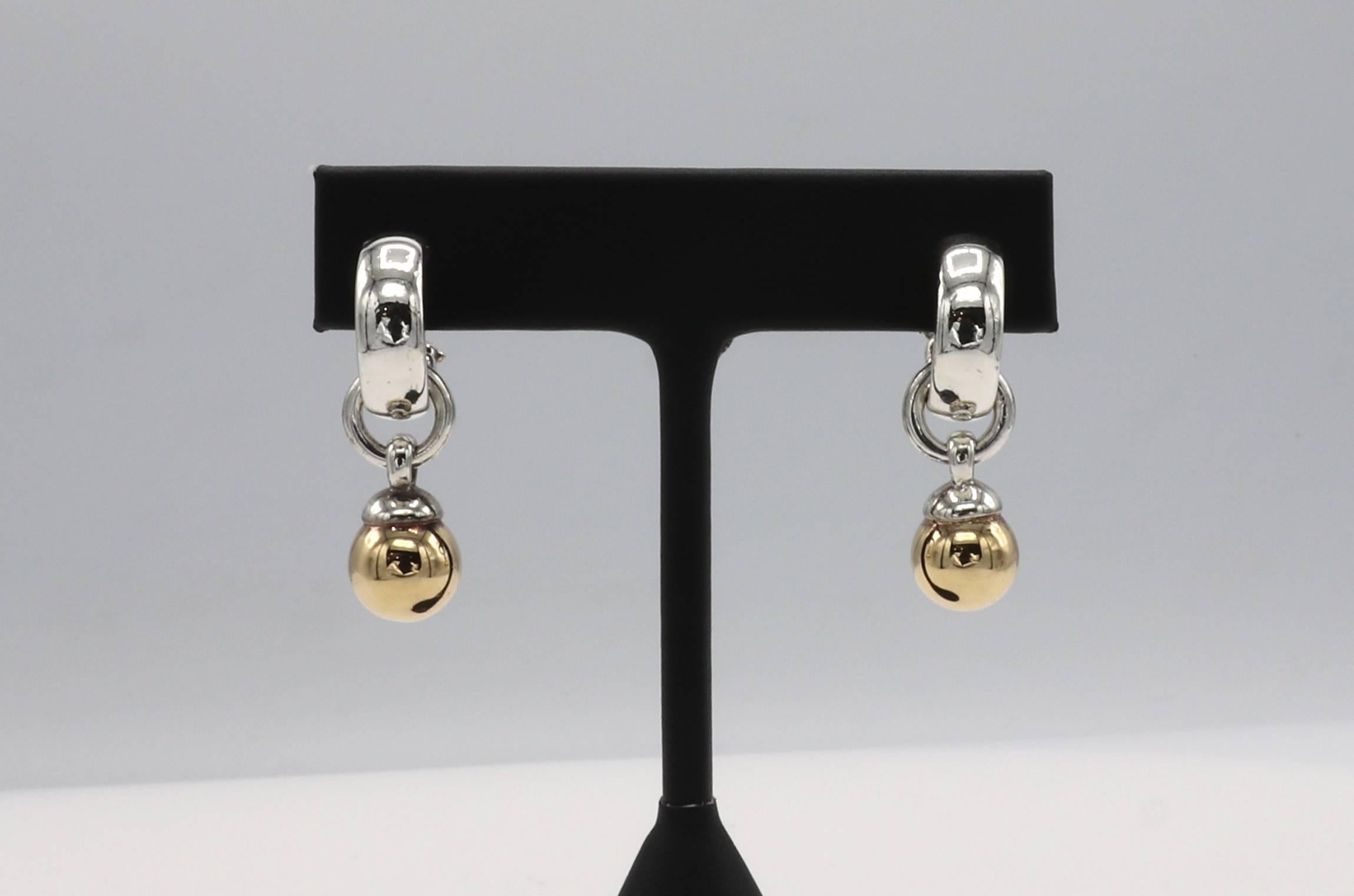 Tiffany & Co. Sterling Silver & 18K Gold Detachable Ball Hoop Earrings
Metal: Sterling silver & 18k yellow gold
Weight: 11.54 grams
Length: 31.5mm  (with drop)
Hoops: 16mm diameter 
Width: 5.5mm
Signed: Tiffany & Co. 1995 750 925 