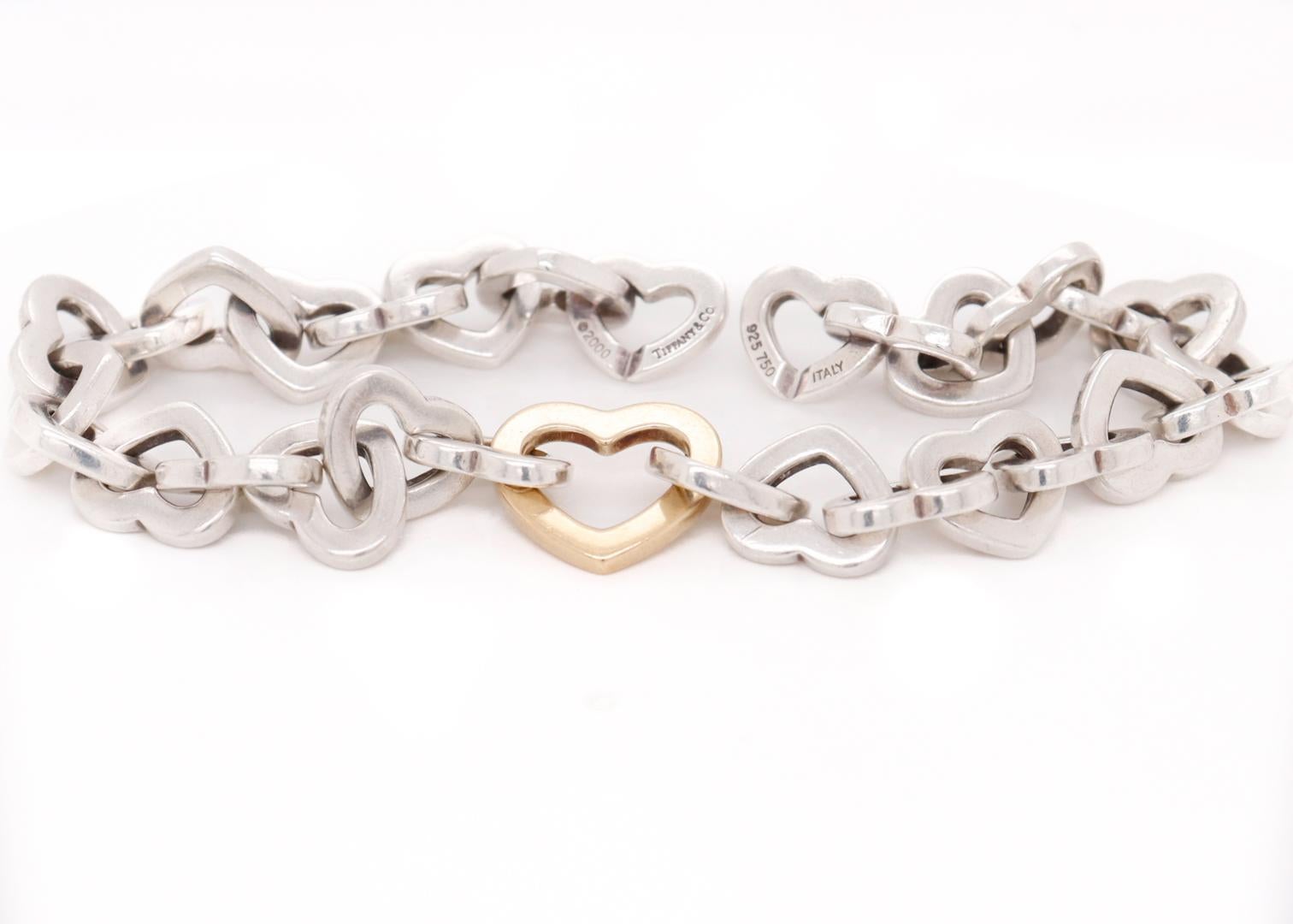 Modern Tiffany & Co. Sterling Silver & 18K Gold Heart Link Bracelet