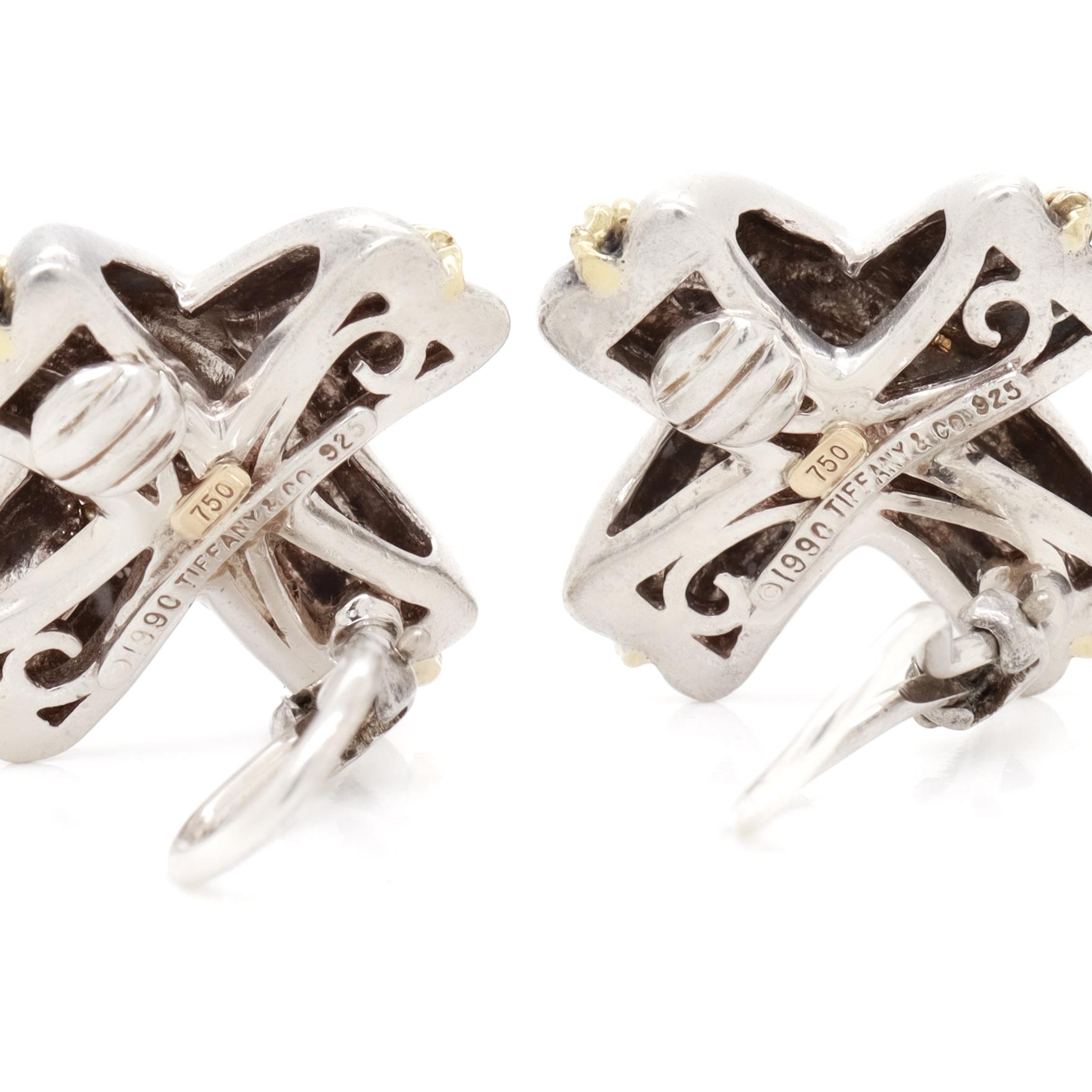 Tiffany & Co. Boucles d'oreilles à pince en argent sterling et or 18 carats Signature 