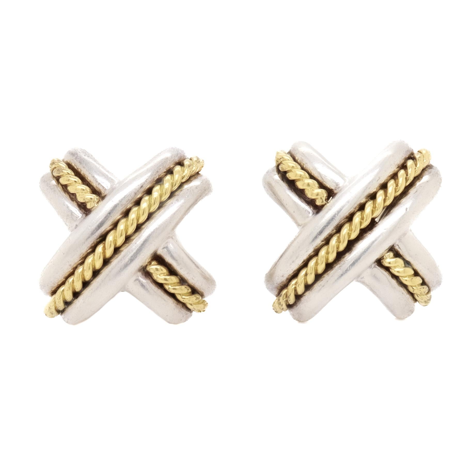 Tiffany & Co. Boucles d'oreilles à pince en argent sterling et or 18 carats Signature 