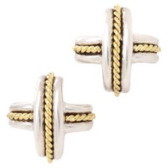 Tiffany & Co. Boucles d'oreilles à pince en argent sterling et or 18 carats Signature "X".