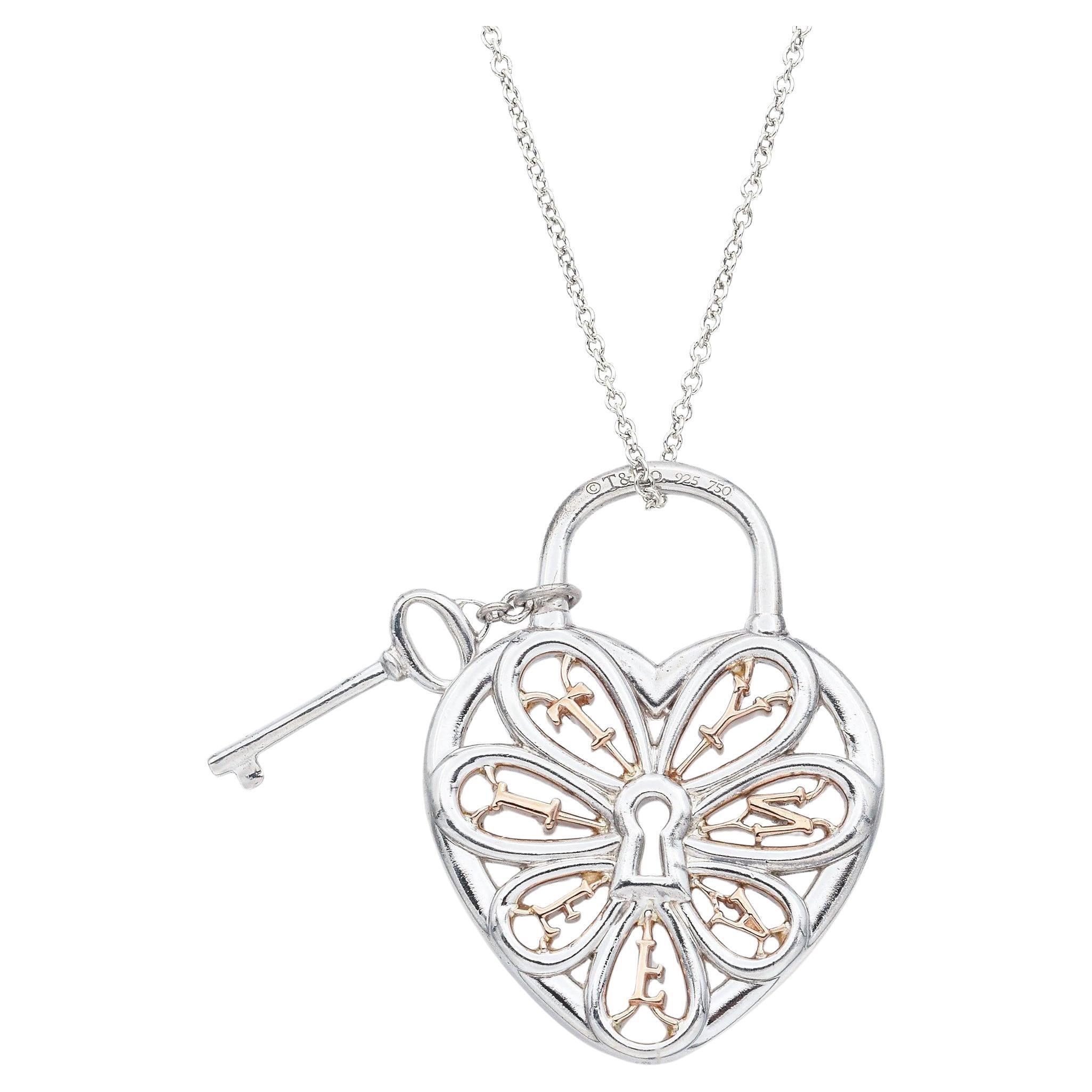 Tiffany & Co. Sterling Silver & 18K Rose Gold Heart & Key Pendant Necklace