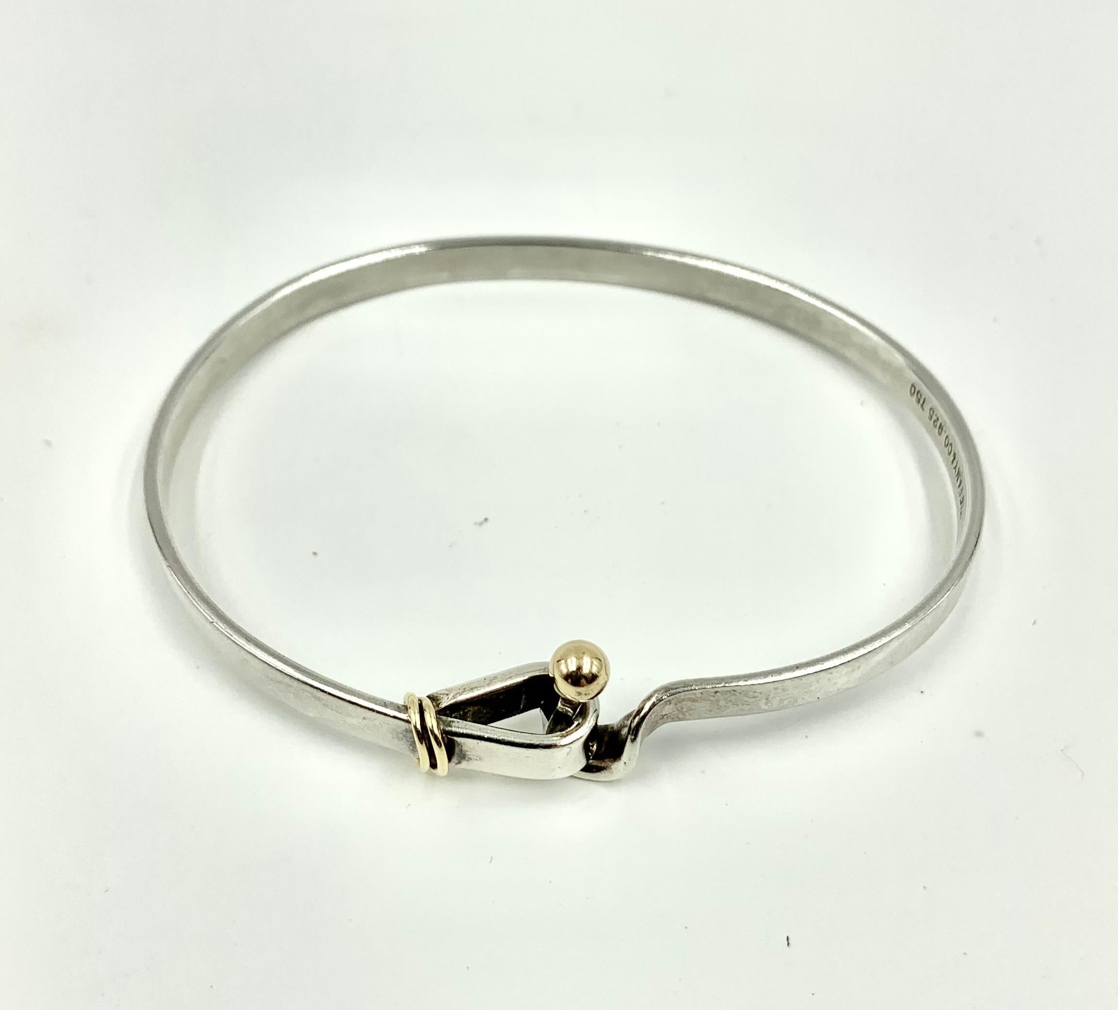 Modern Tiffany & Co. Sterling Silver 18K Yellow Gold Hook and Eye Bangle Bracelet
