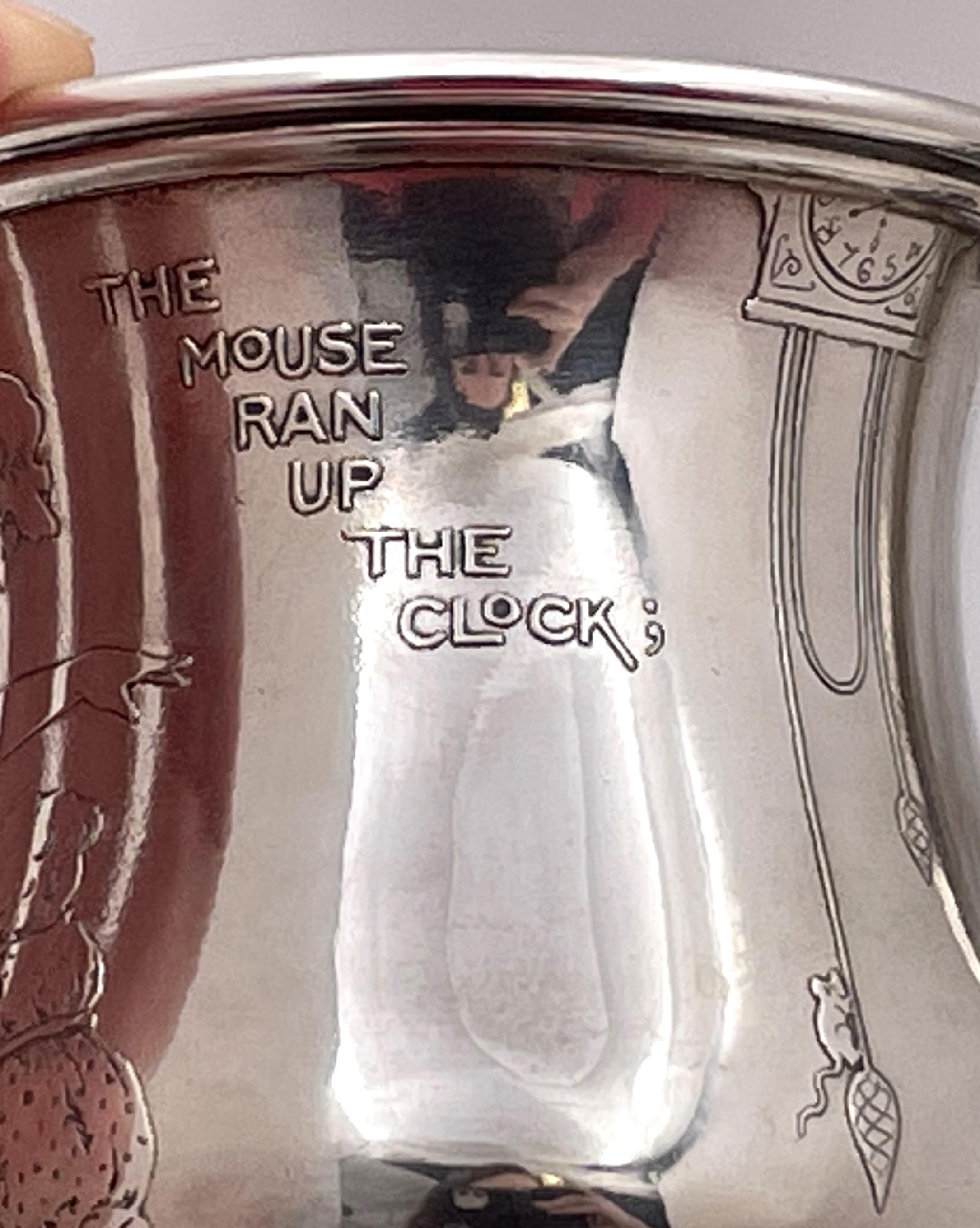 Early 20th Century Tiffany & Co. Sterling Silver 1908 Child Mug the Mouse Ran Up the Clock For Sale