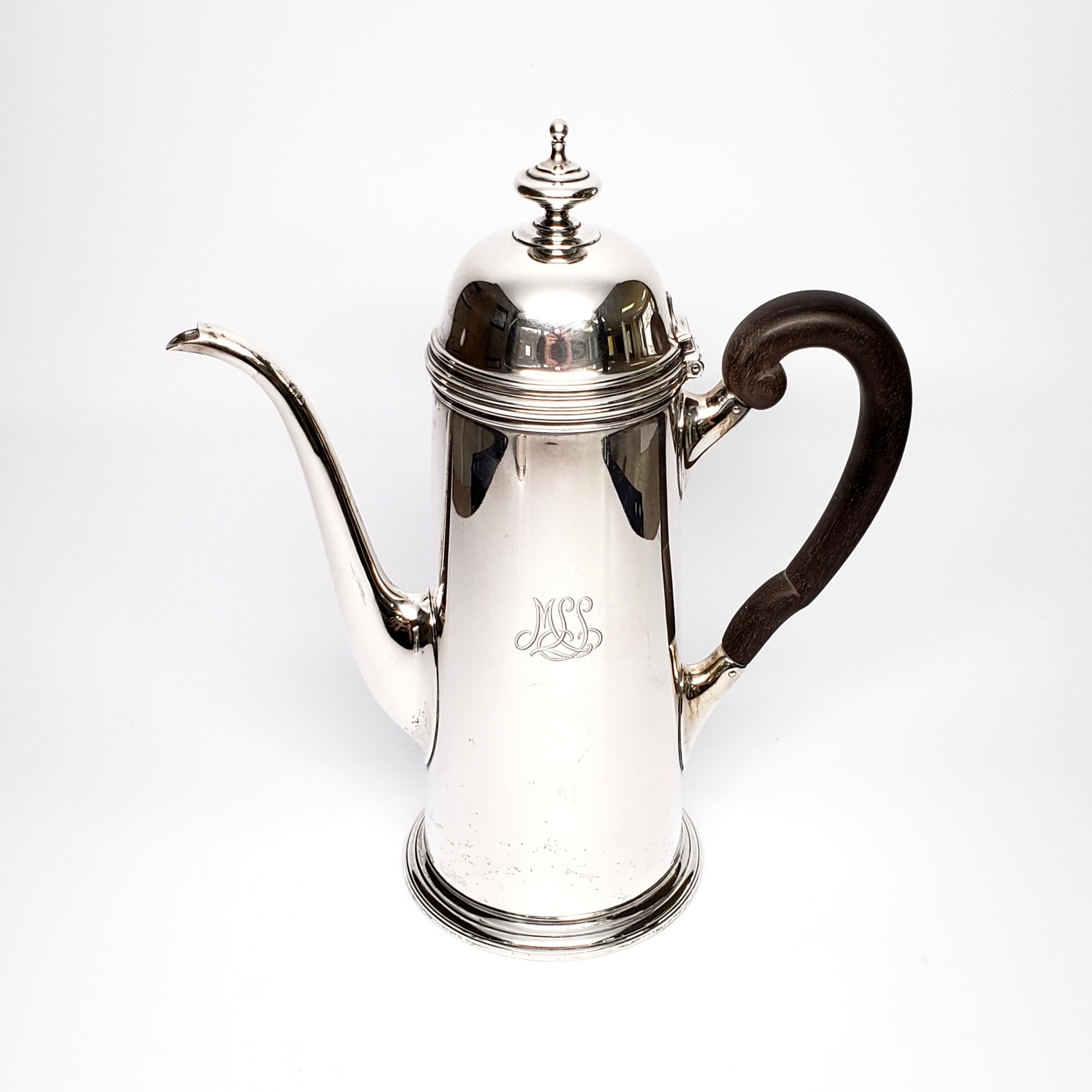 Sterling silver 3 piece coffee set, from Tiffany & Co.

The 3 pieces of this beautiful Tiffany & Co set include a tall coffee pot, open creamer and lidded sugar bowl. All pieces are marked with an M, representing manufacture between 1907-1947 under