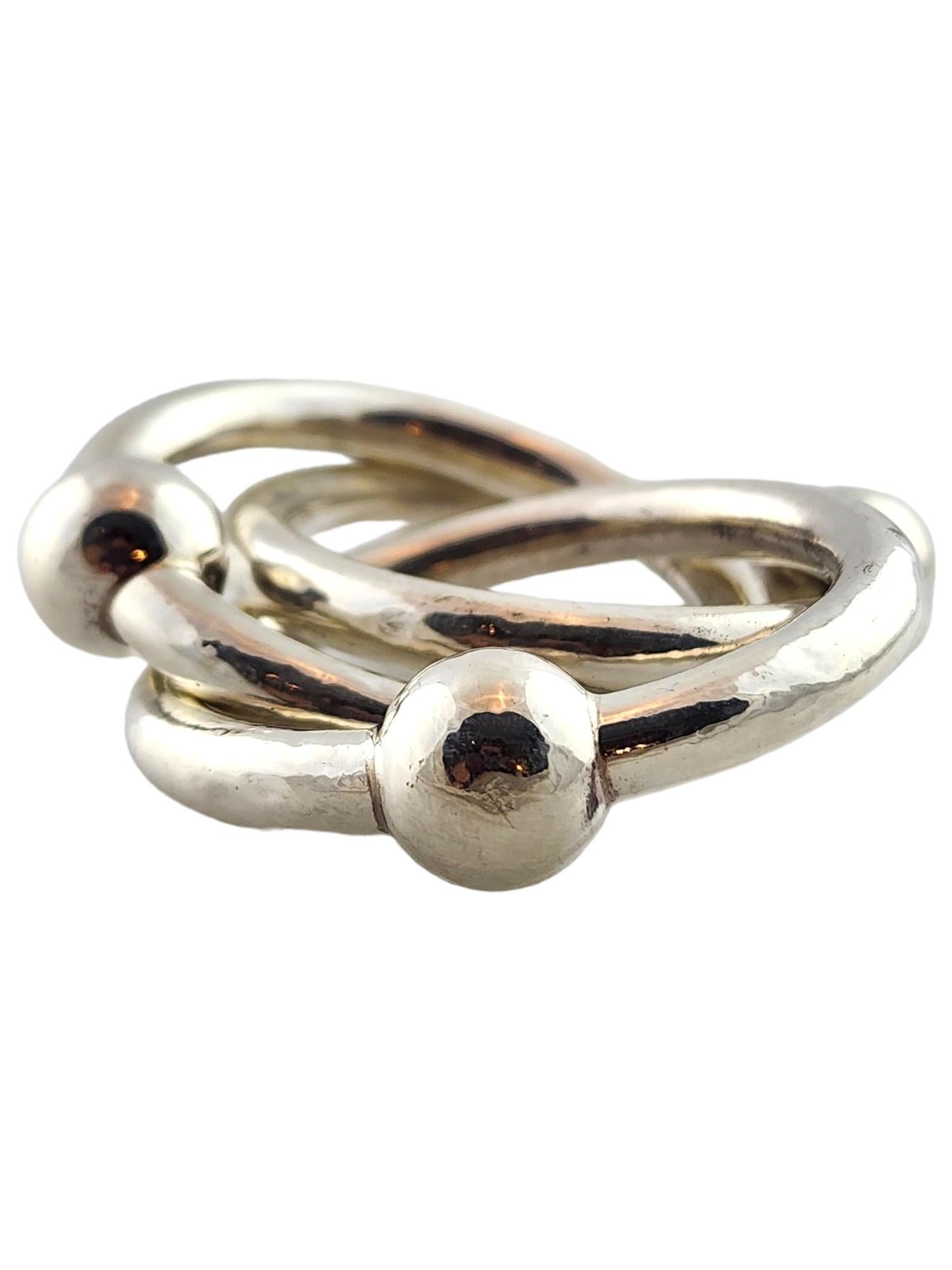 Tiffany & Co Sterling Silver 3 Ring Baby Rattle

This adorable 3 ring baby rattle was crafted from sterling silver by amazing designer Tiffany & Co!

Some small dents and dings throughout the piece due to use. 

Each ring: 59mm X 55.6mm X