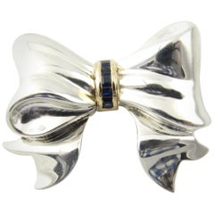Tiffany & Co. Sterling Silver and 14 Karat Gold Sapphire Bow Pin or Brooch