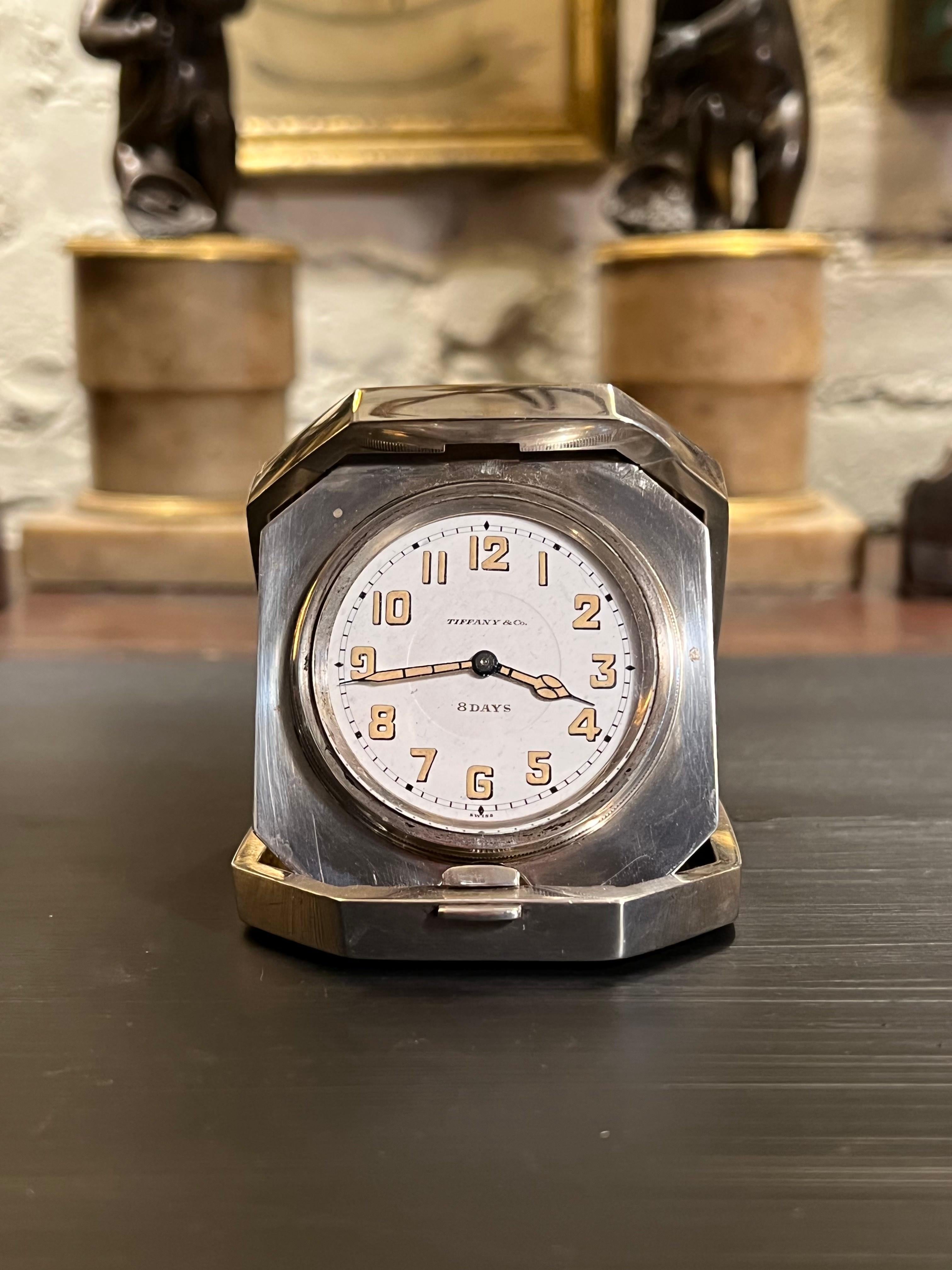 This item is from The Vito Giallo Collection. Giallo is opening his personal vault, to sell a collection of his treasured antiques he's held on for so long.

ABOUT ITEM
Tiffany & Co. Sterling Silver Art Deco 1930s 8 Day Desk and Travel Clock.