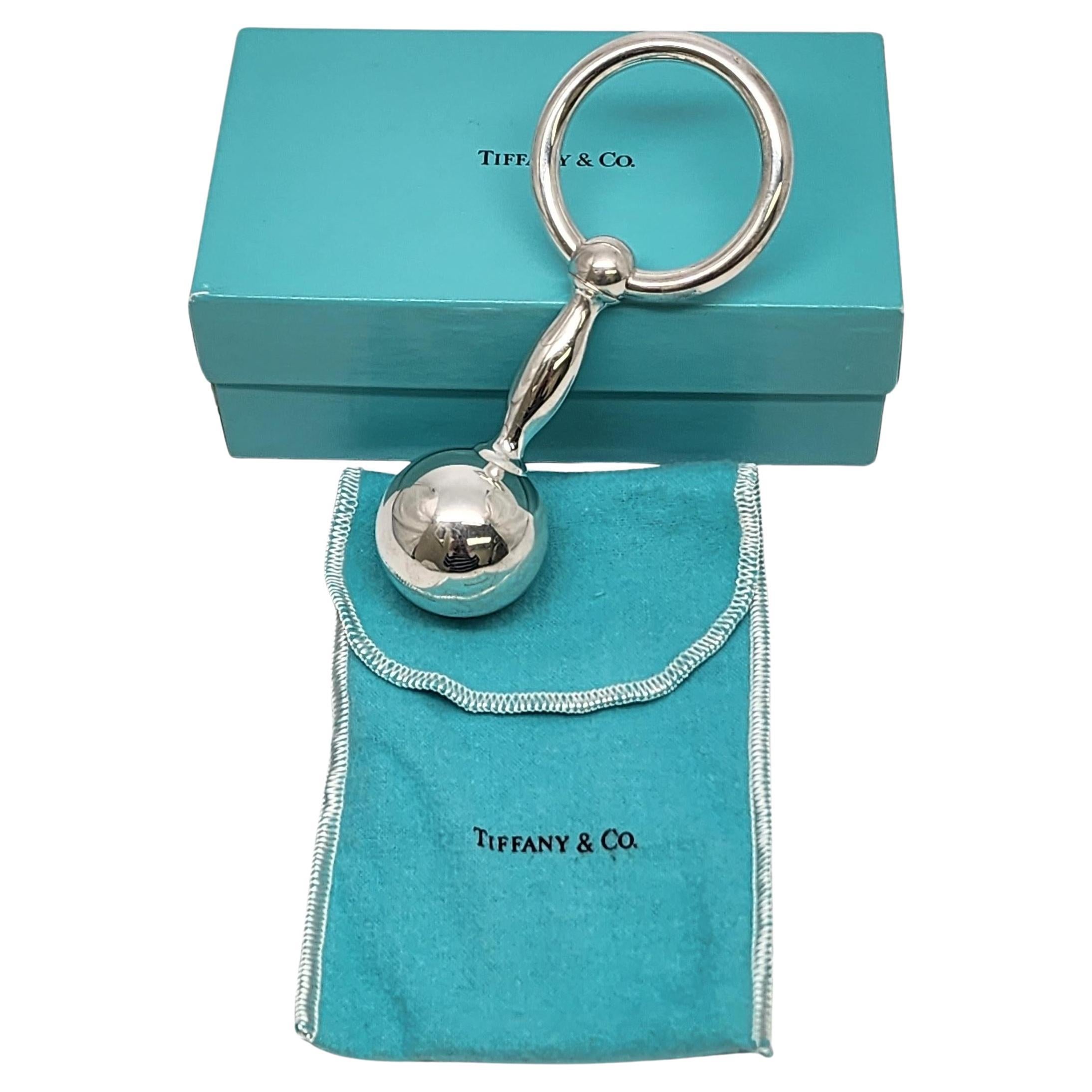 Tiffany & Co Sterling Silver Barbell Teething Ring Rattle w/Pouch and Box #17264 For Sale