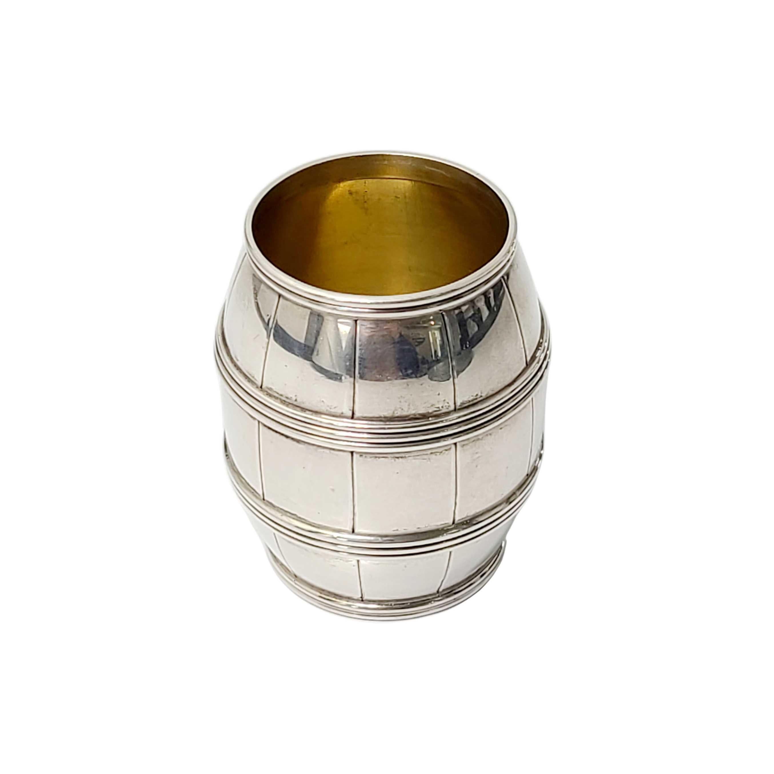 Sterling silver barrel by Tiffany & Co.

No monogram.

This simple but highly detailed barrel can be used as a toothpick holder, or for any other small trinkets. Gold washed interior. Tiffany & Co box or pouch not included.

Measures: 2 1/2