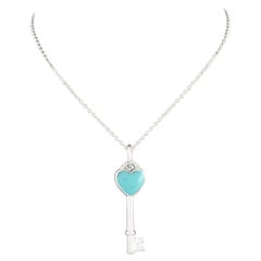 Tiffany & Co. Sterling Silver Blue Enamel Key Pendant with Chain, Box, Pouch