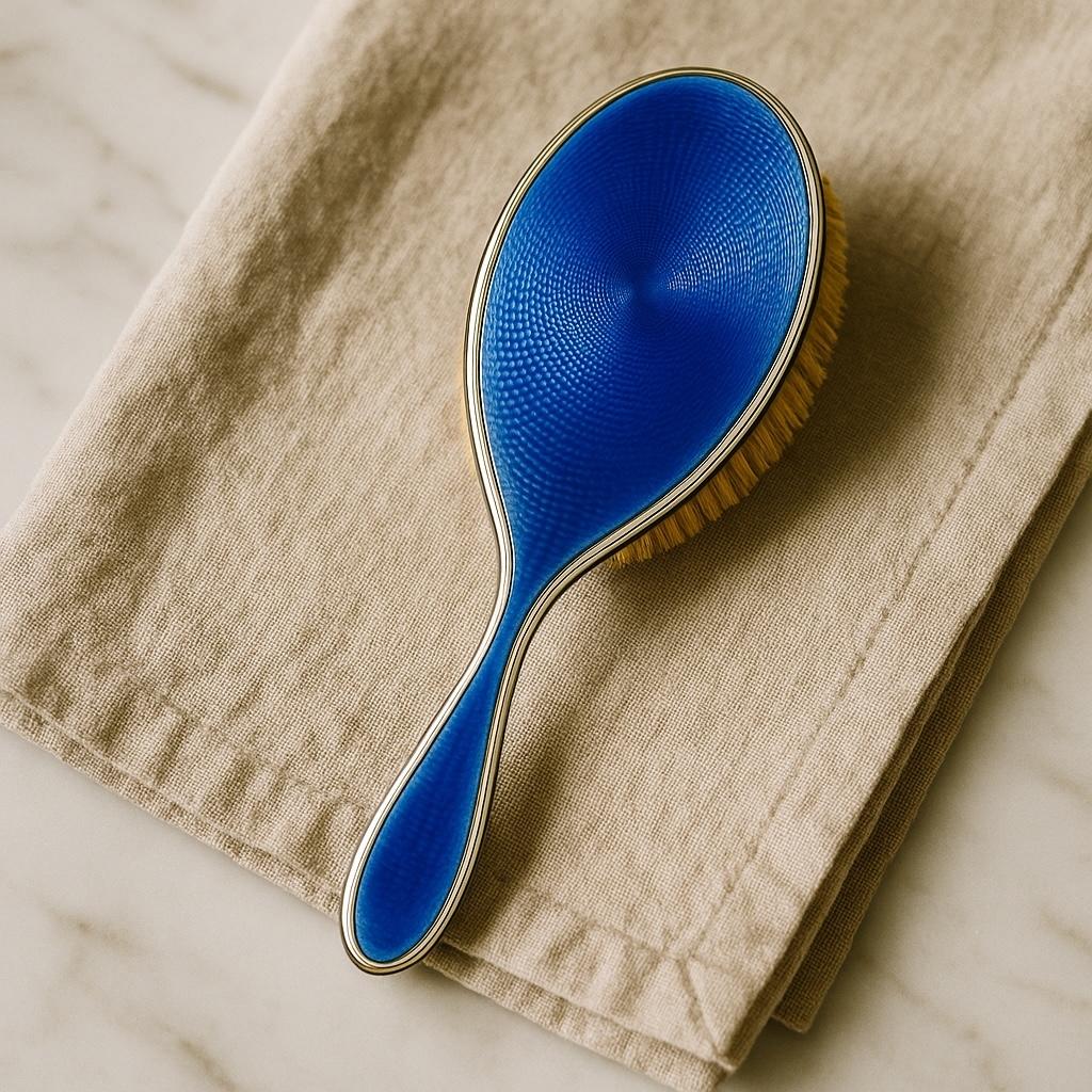 Art déco Tiffany & Co Sterling Silver Blue Guilloché Enamel Hair Brush Vintage Dresser Set en vente