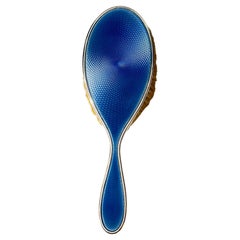 Tiffany Co Plata de ley Azul Guilloché Esmalte Cepillo para el pelo Set de tocador vintage