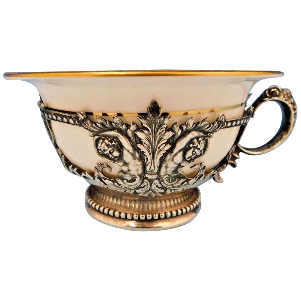 Tiffany & Co. Sterling Silver Bouillon Cup w/Cherubs/Liner w/Gold Border/Flowers