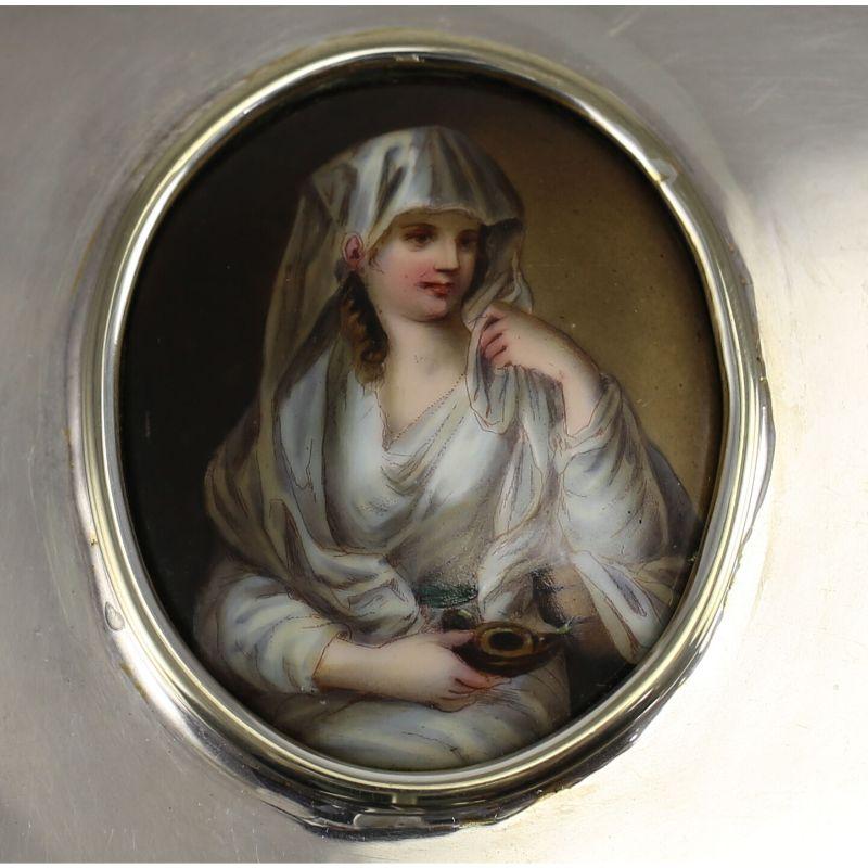 Hand-Painted Tiffany & Co. Sterling Silver Box with Porcelain Portrait Plaque, Midcentury