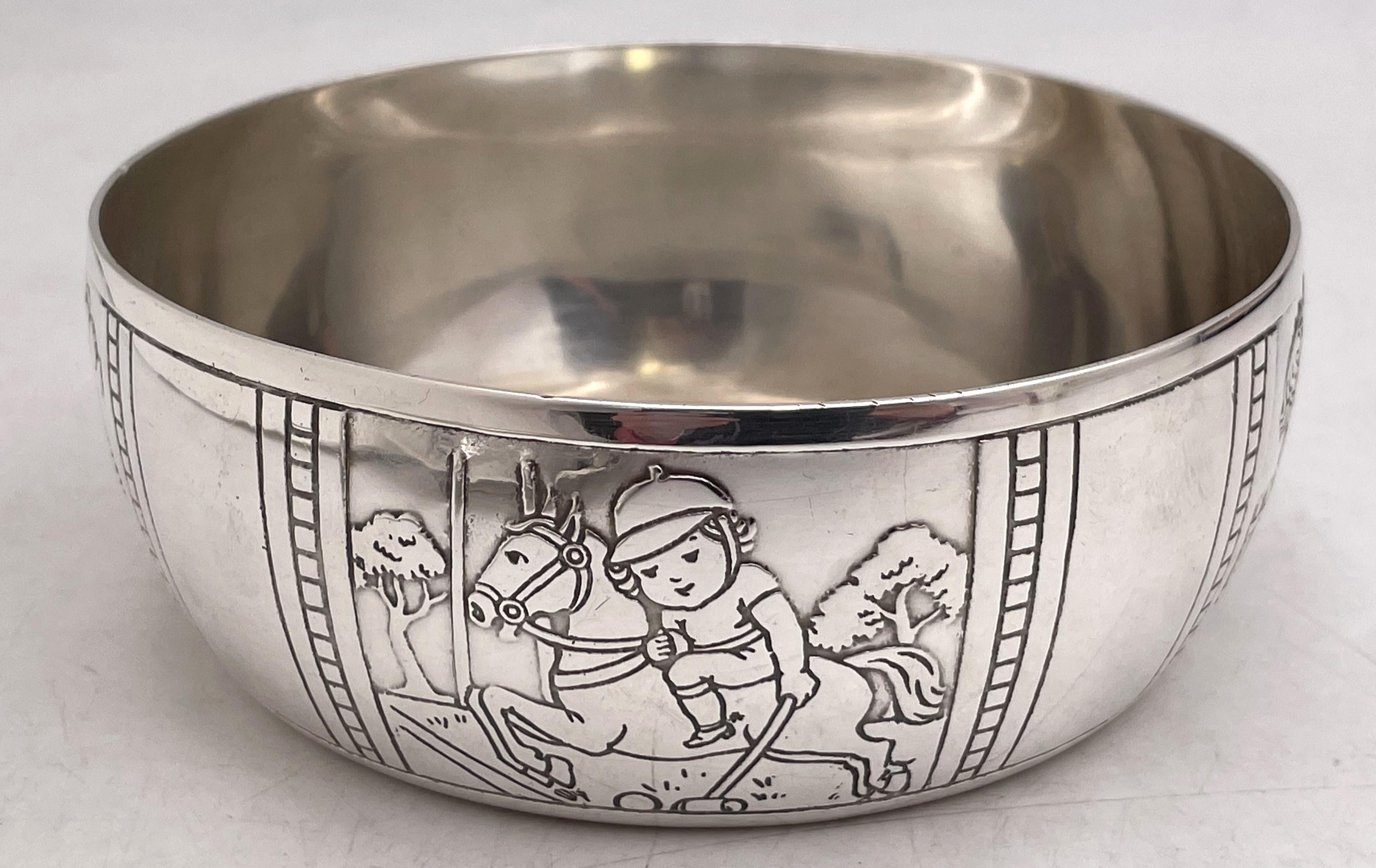 Art Deco Tiffany & Co. Sterling Silver Child Bowl & Underplate with Boys Playing Sports For Sale