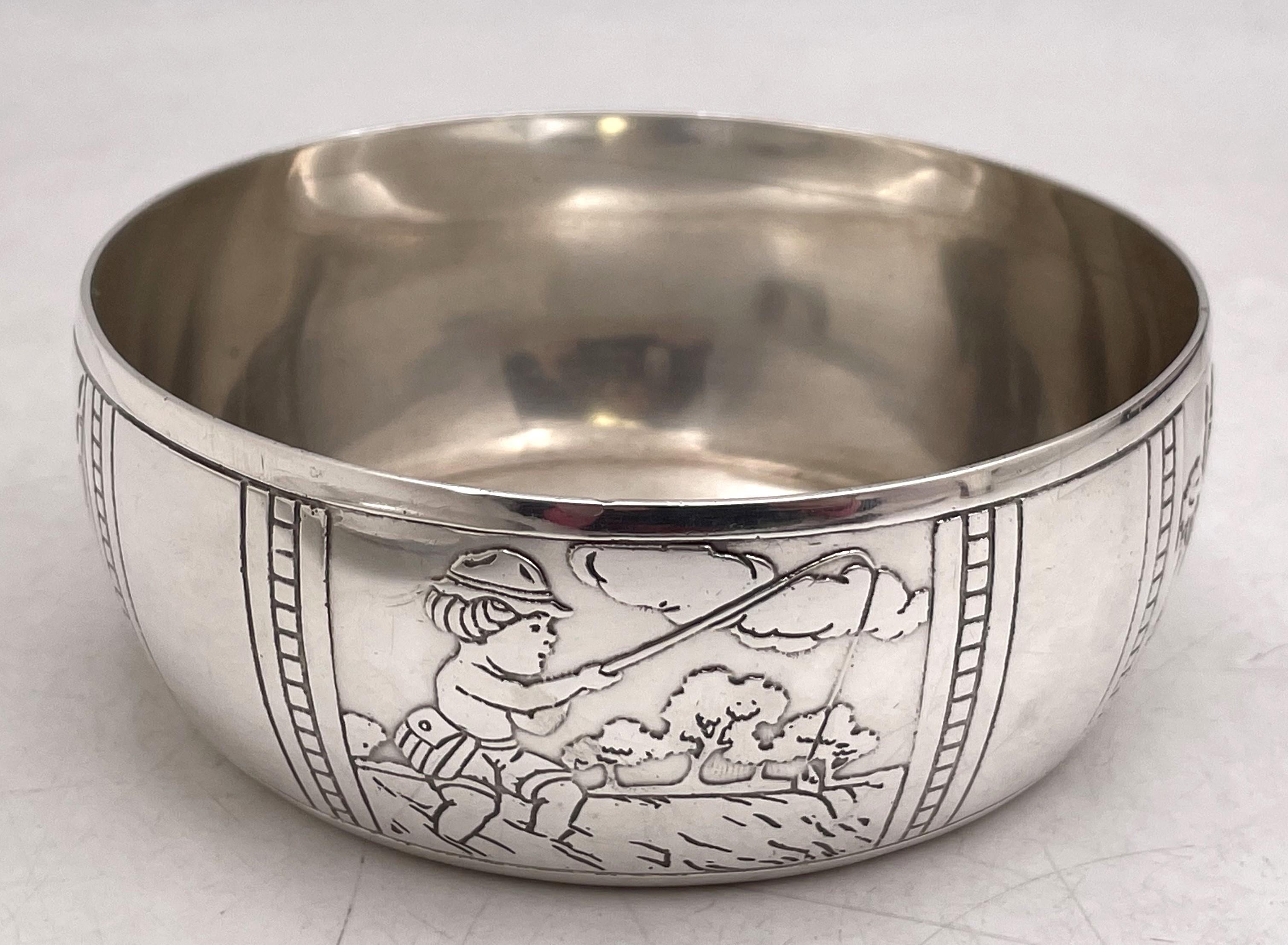 American Tiffany & Co. Sterling Silver Child Bowl & Underplate with Boys Playing Sports For Sale