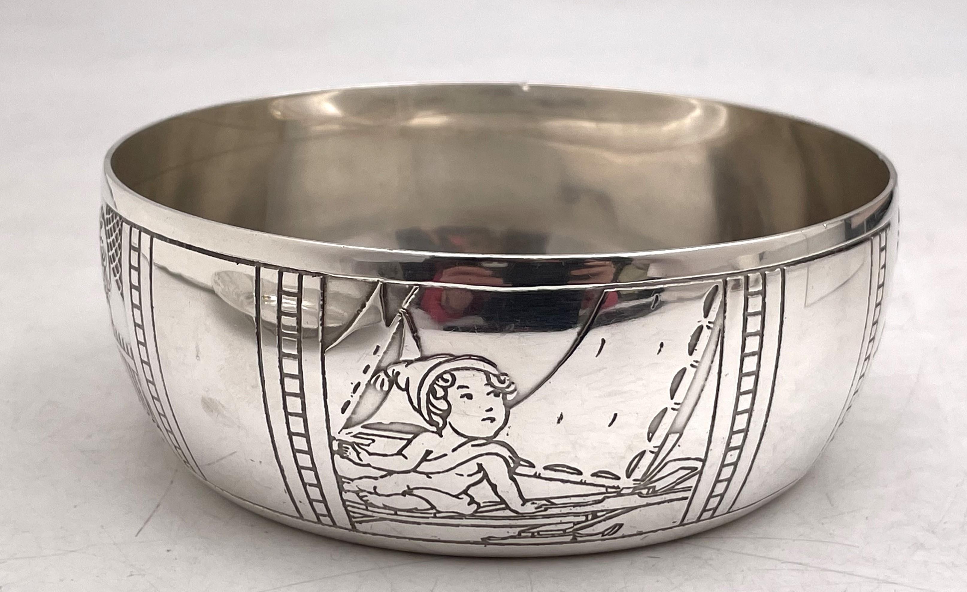 Tiffany & Co. Sterling Silver Child Bowl & Underplate with Boys Playing Sports In Good Condition For Sale In New York, NY