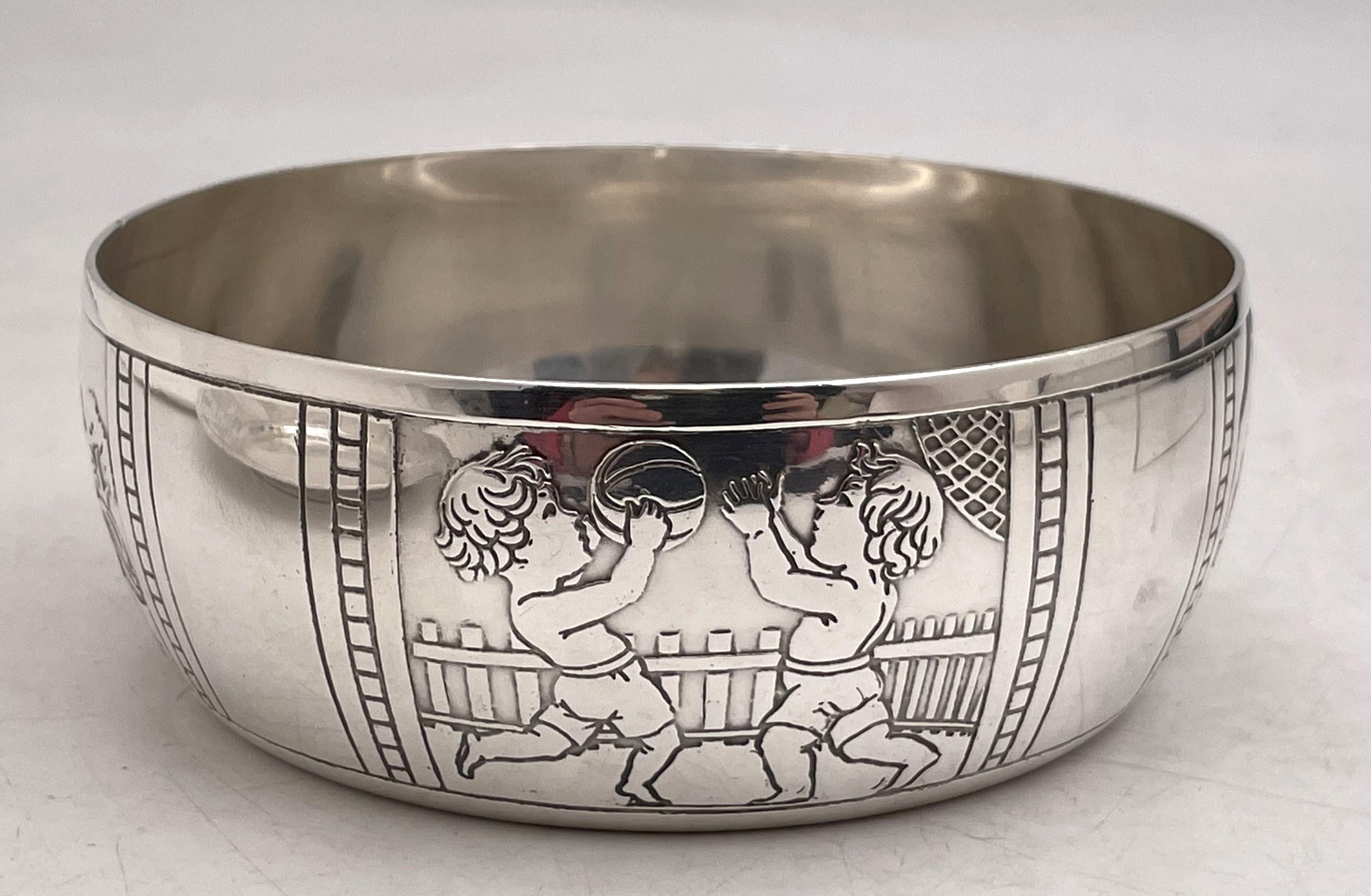 Mid-20th Century Tiffany & Co. Sterling Silver Child Bowl & Underplate with Boys Playing Sports For Sale