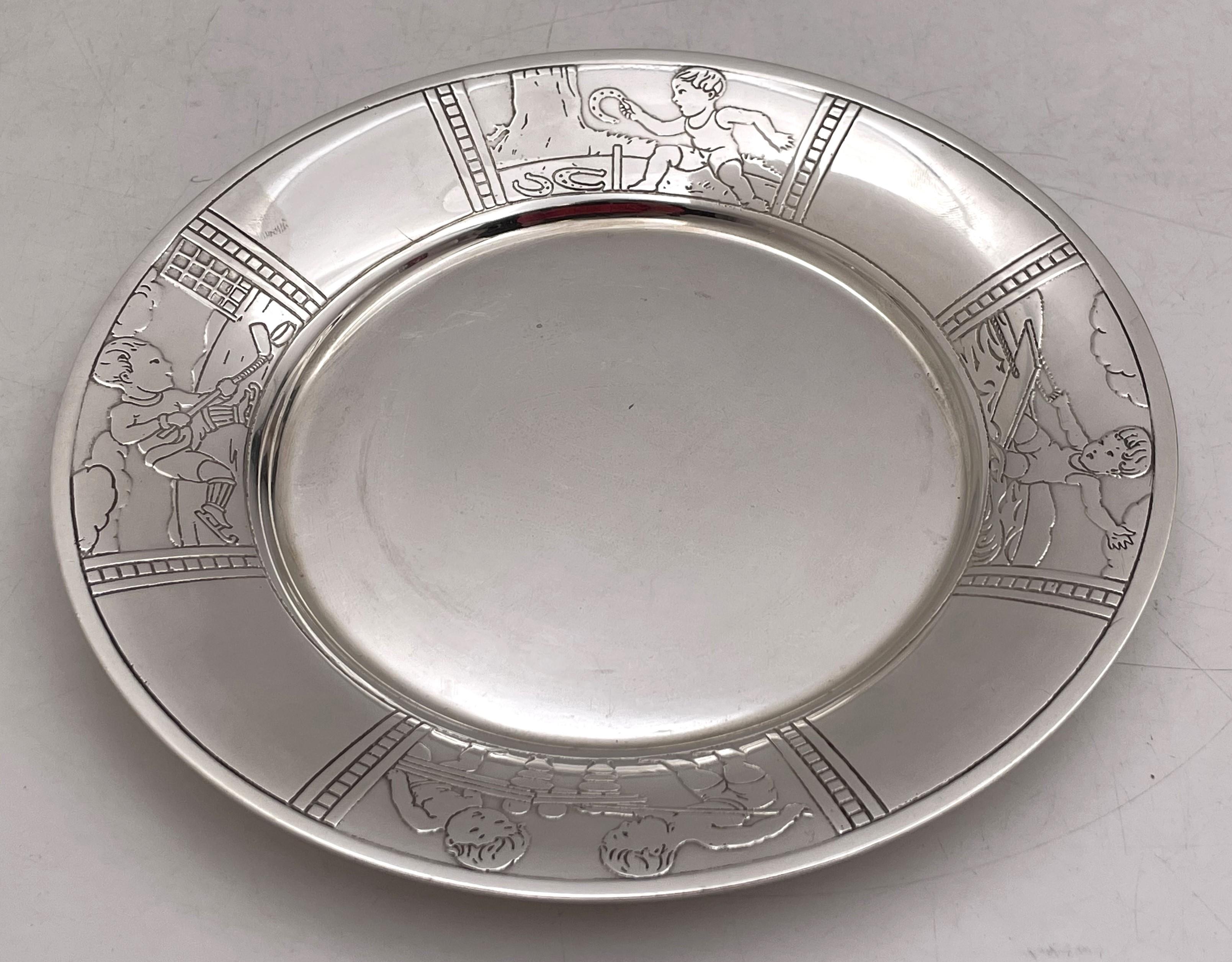 Tiffany & Co. Sterling Silver Child Bowl & Underplate with Boys Playing Sports For Sale 2