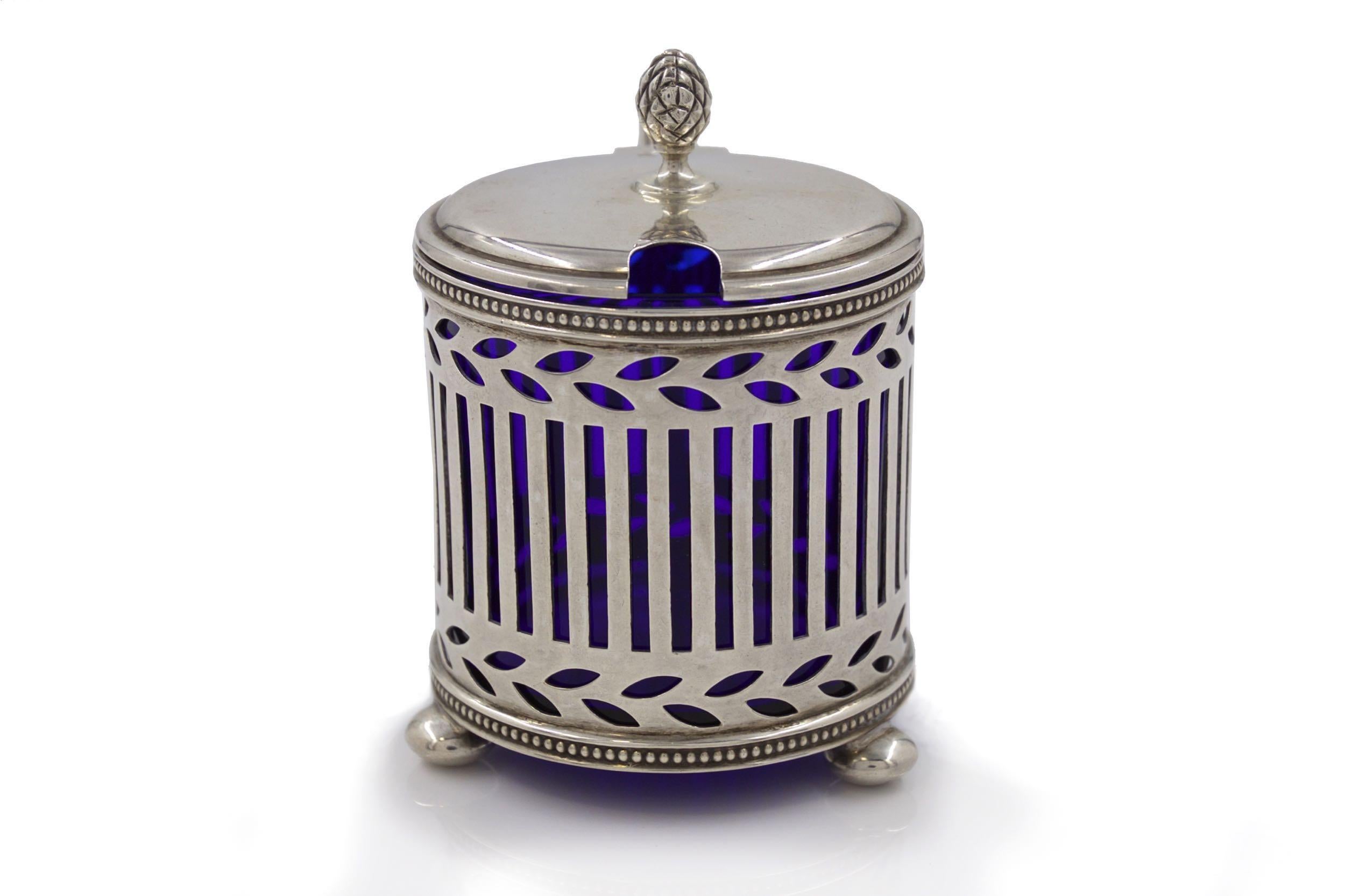 Victorian Tiffany & Co. Sterling Silver Cobalt-Blue Mustard Pot, circa 1920s