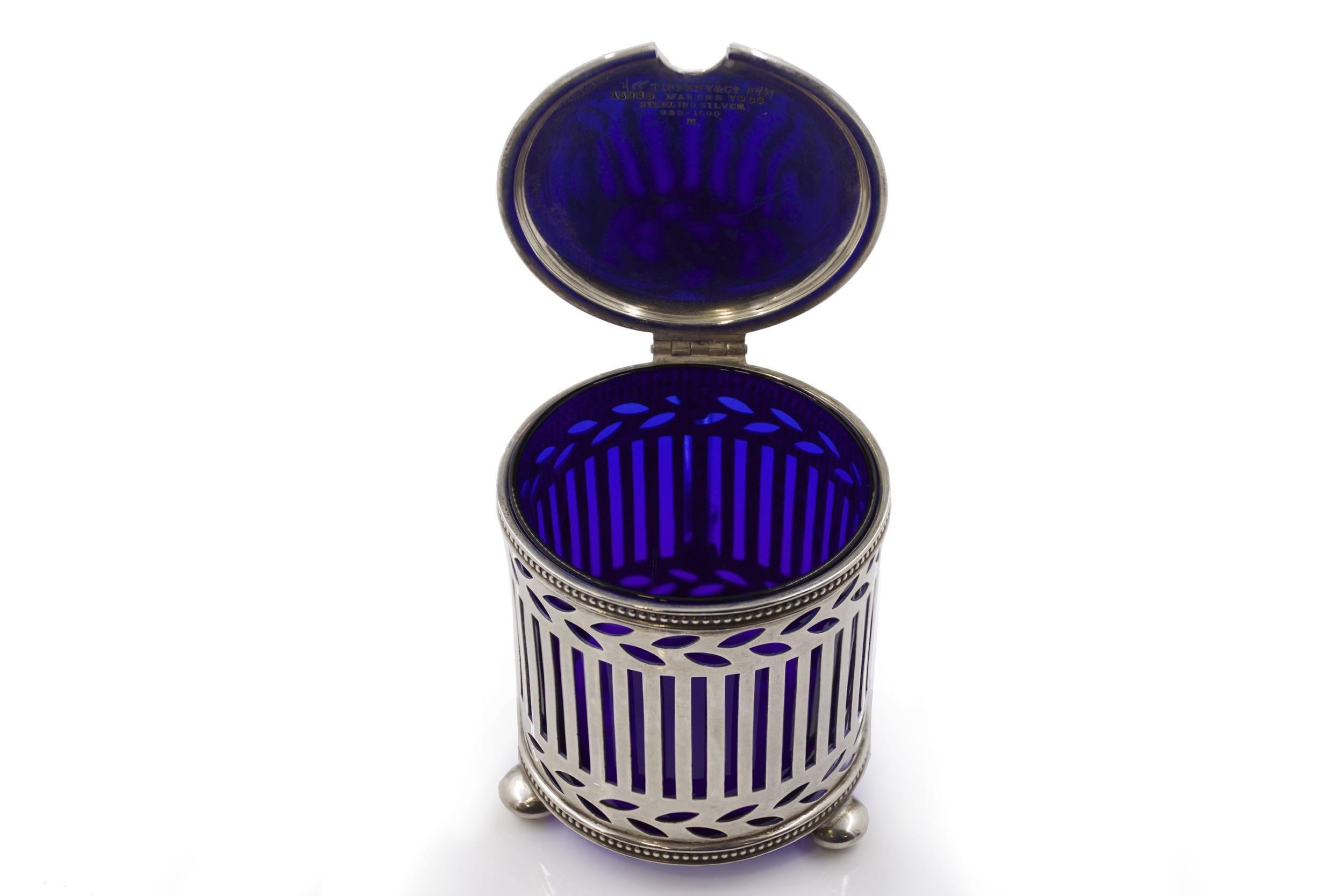 Tiffany & Co. Sterling Silver Cobalt-Blue Mustard Pot, circa 1920s In Good Condition In Shippensburg, PA
