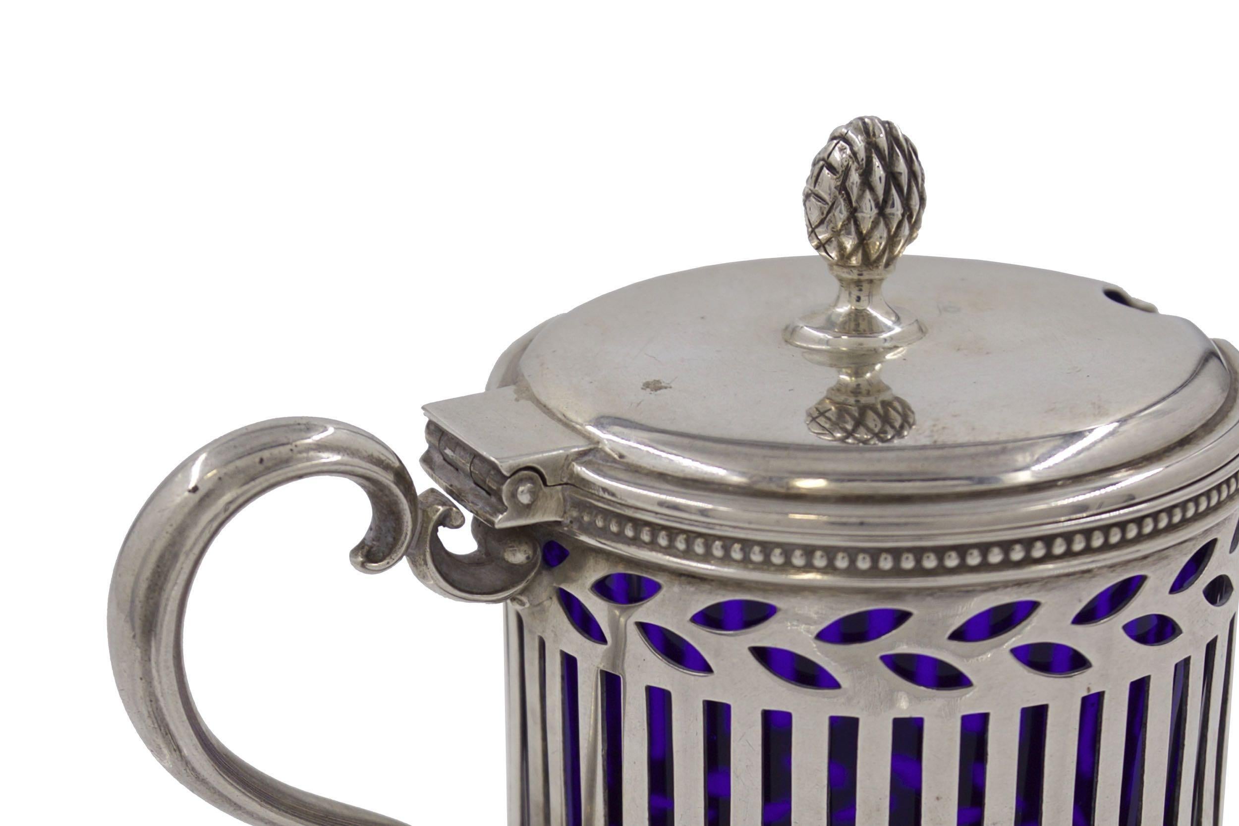 20th Century Tiffany & Co. Sterling Silver Cobalt-Blue Mustard Pot, circa 1920s