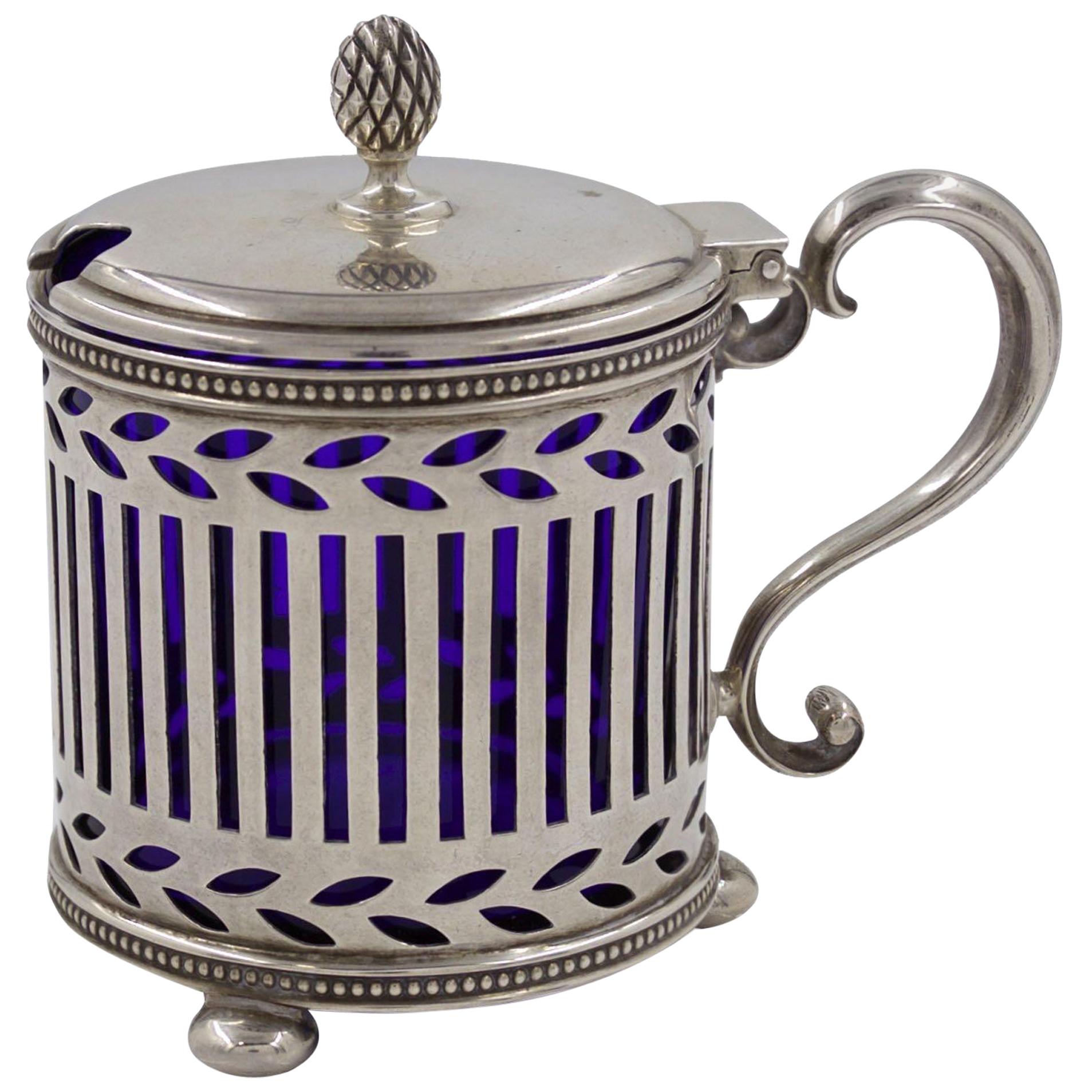 Tiffany & Co. Sterling Silver Cobalt-Blue Mustard Pot, circa 1920s