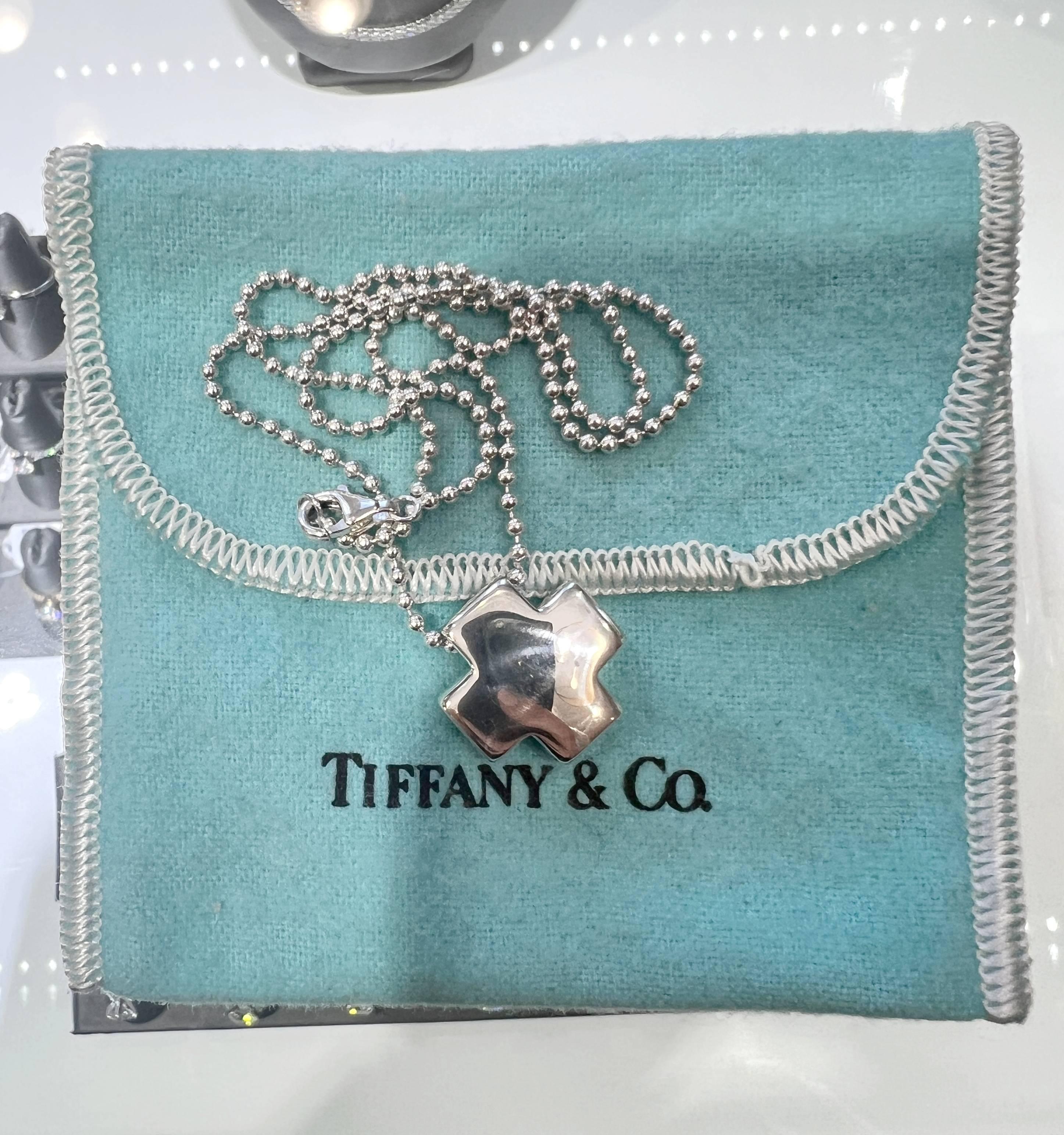 Tiffany & Co. Sterling SIlver Cross Pendant Necklace on Bead Chain  For Sale 2