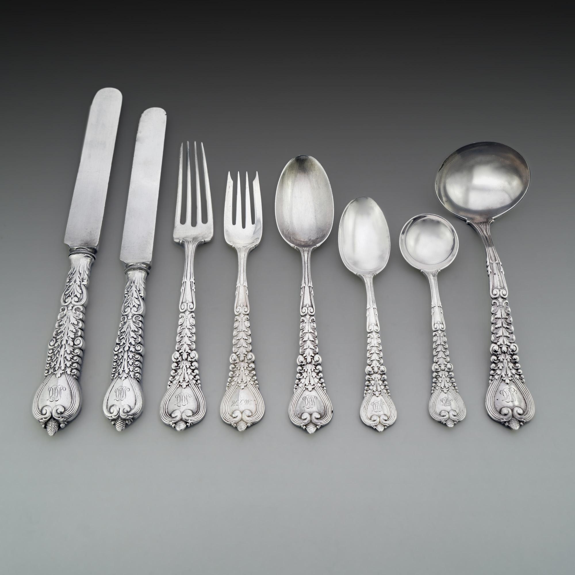 Tiffany & Co sterling silver cutlery set of 8 pieces in a Florentine pattern
The cutlery set has initials.

With this Tiffany & Co silverware set, you will have the perfect entertaining kit for your holiday gatherings. The set is perfect for those